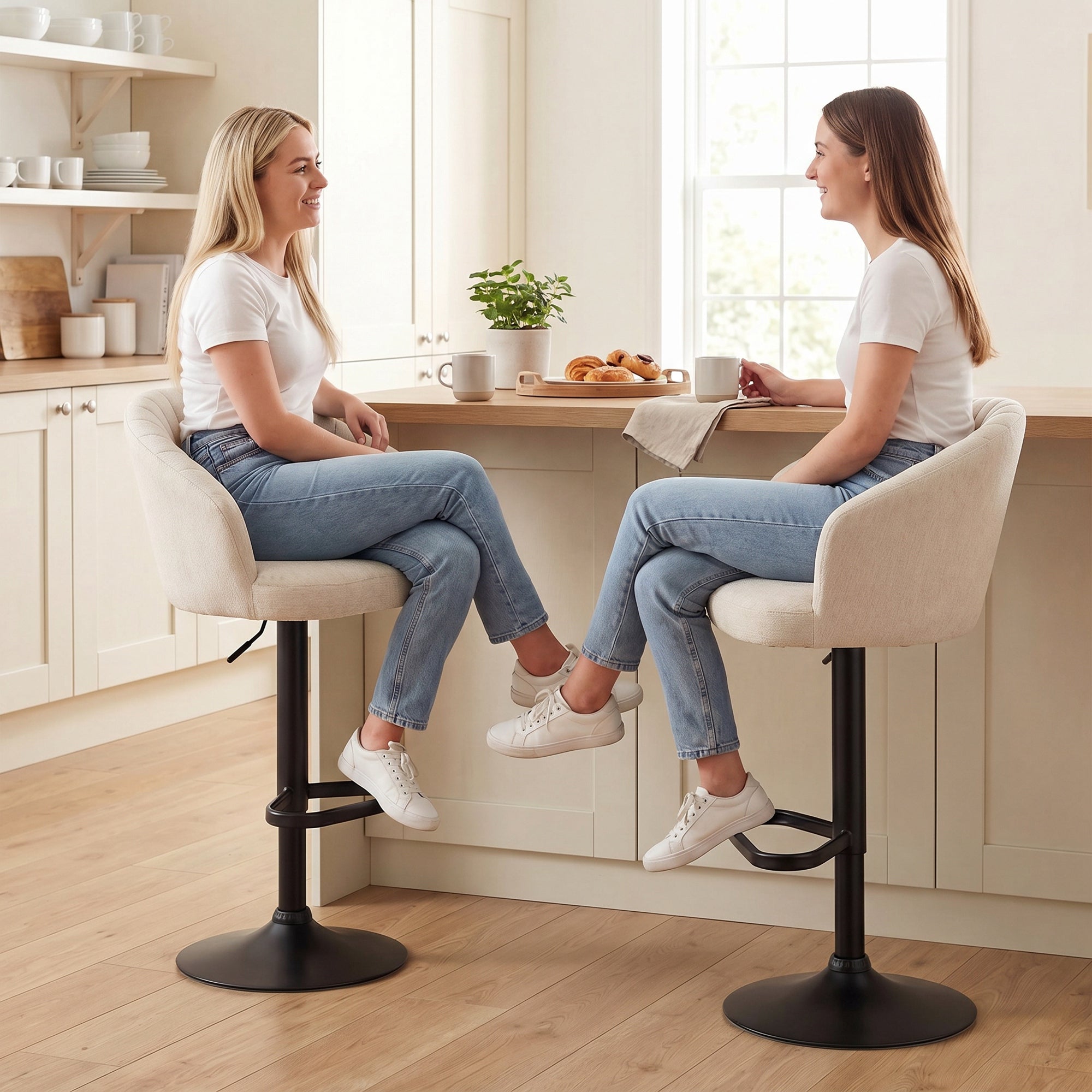 Modern Upholstered Adjustable Barstools with Swivel Seat, Linen Touch Fabric, Steel Frame, Footrest, ‎Beige