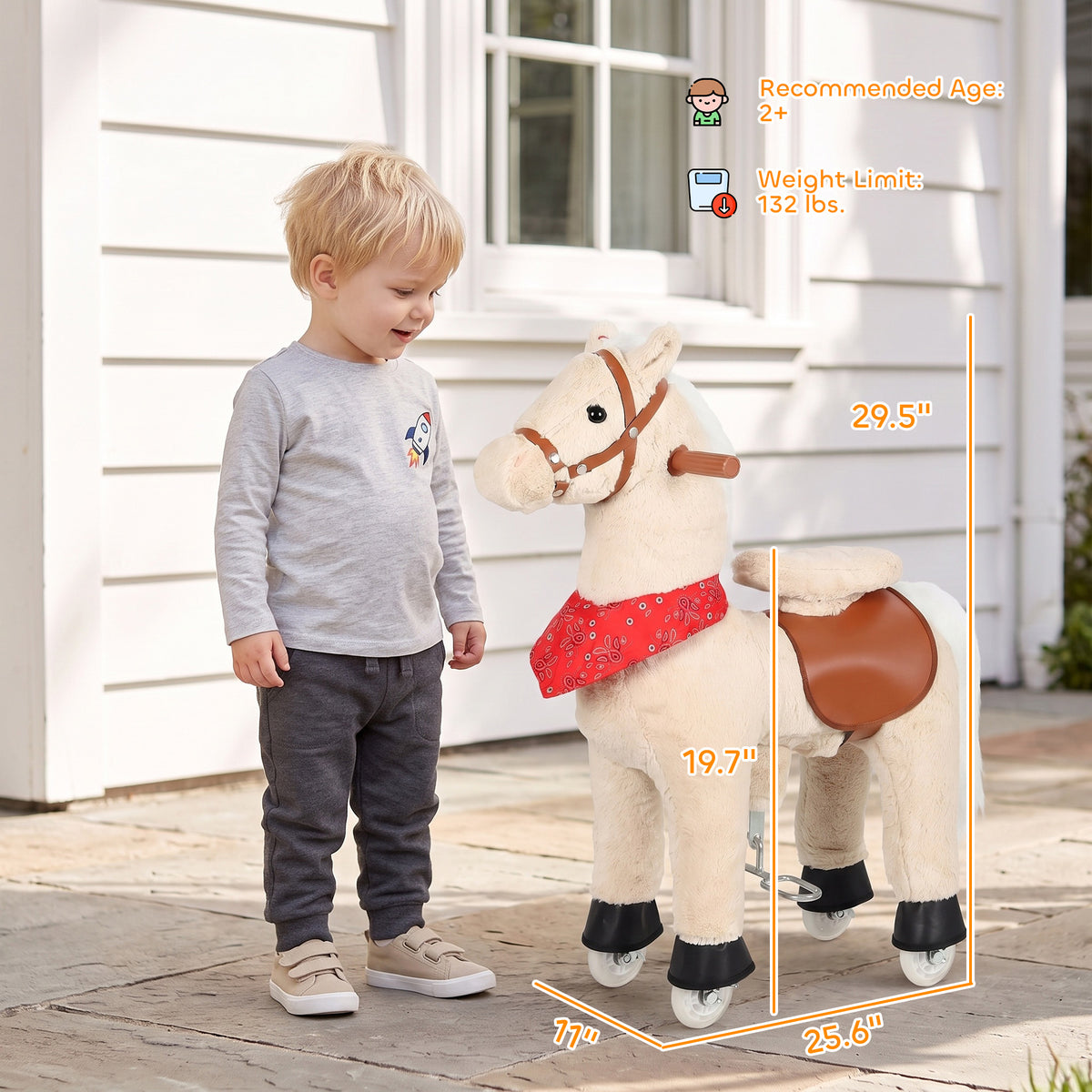 Ride on Horse for Kids 2+ Years, 29.5" Height Plush Ride On Pony with Rotatable Head and Neighing Sounds, Light Brown