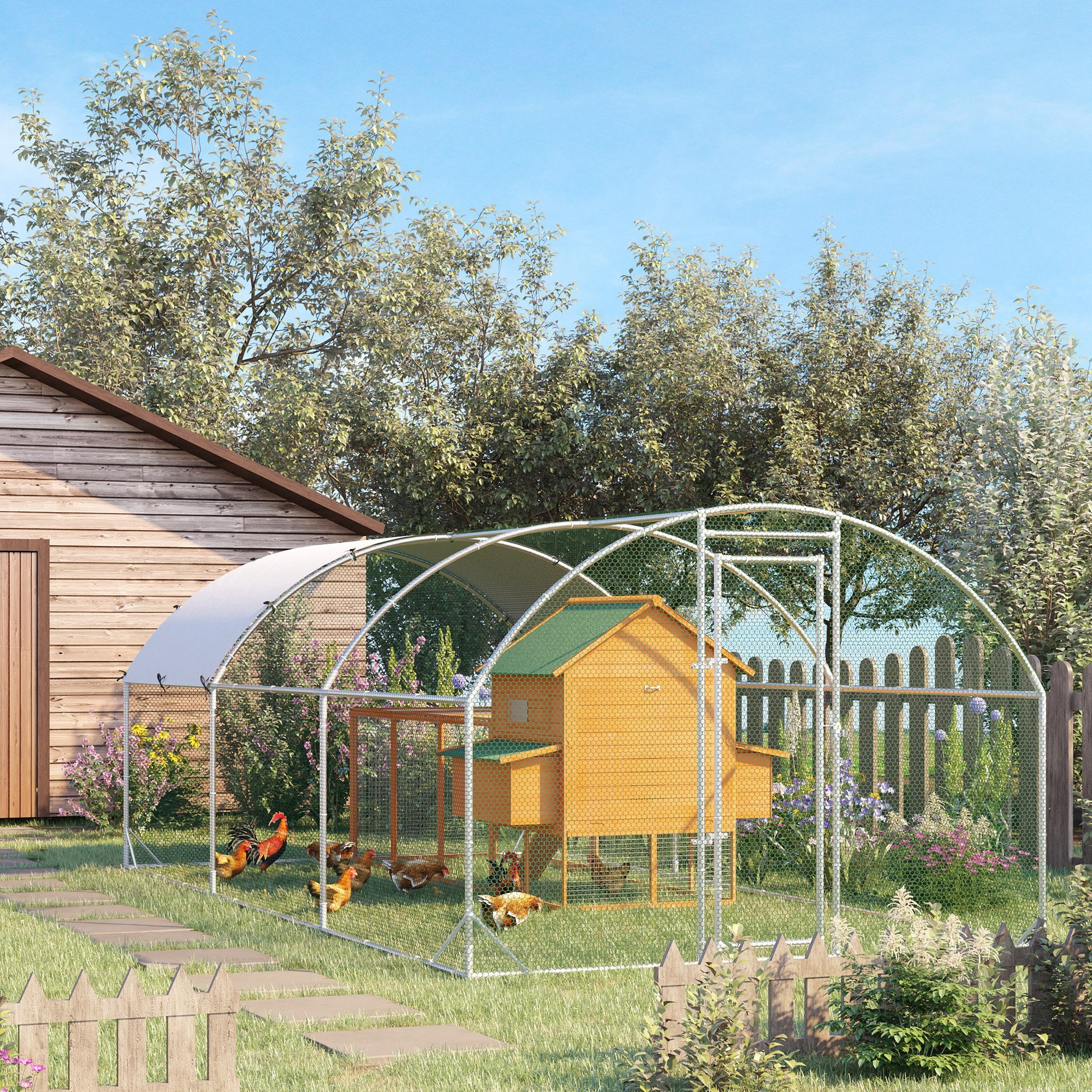 Large Chicken Coop Metal Chicken Run with Waterproof and Anti-UV Cover, Dome Shaped Walk-in Fence Cage Hen House for Outdoor and Yard Farm Use, 1" Tube Diameter, 9.2' x 18.7' x 6.5' - Silver - Image 2