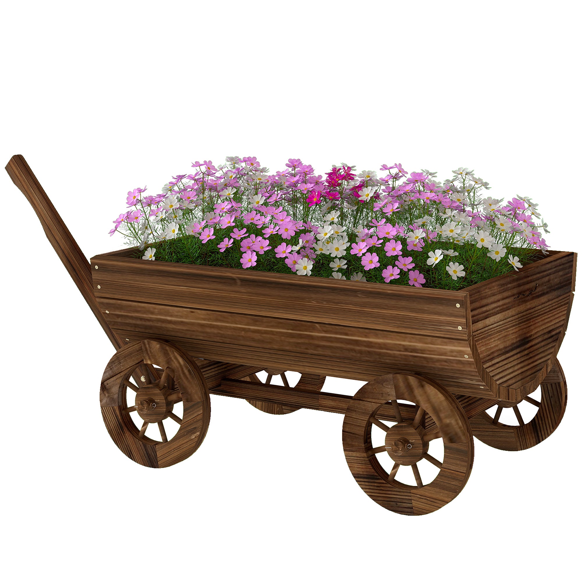 Wooden Wagon Planter Box, Mobile Garden Planter with 4 Wheels, Small Wheelbarrow Wagon Flower Cart with Drainage Hole - Carbonized
