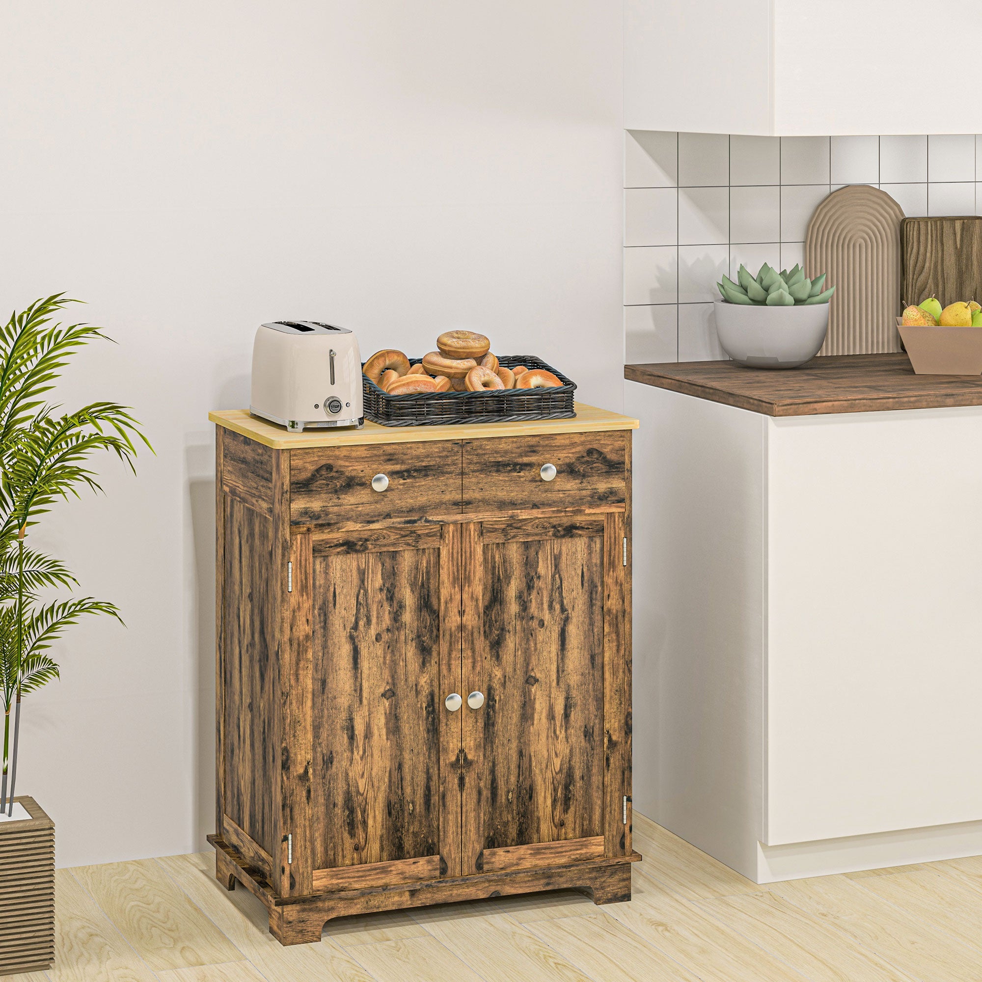 Kitchen Storage Cabinet, Sideboard Floor Cupboard with Solid Wood Top, Adjustable Shelf, and 2 Drawers, Brown