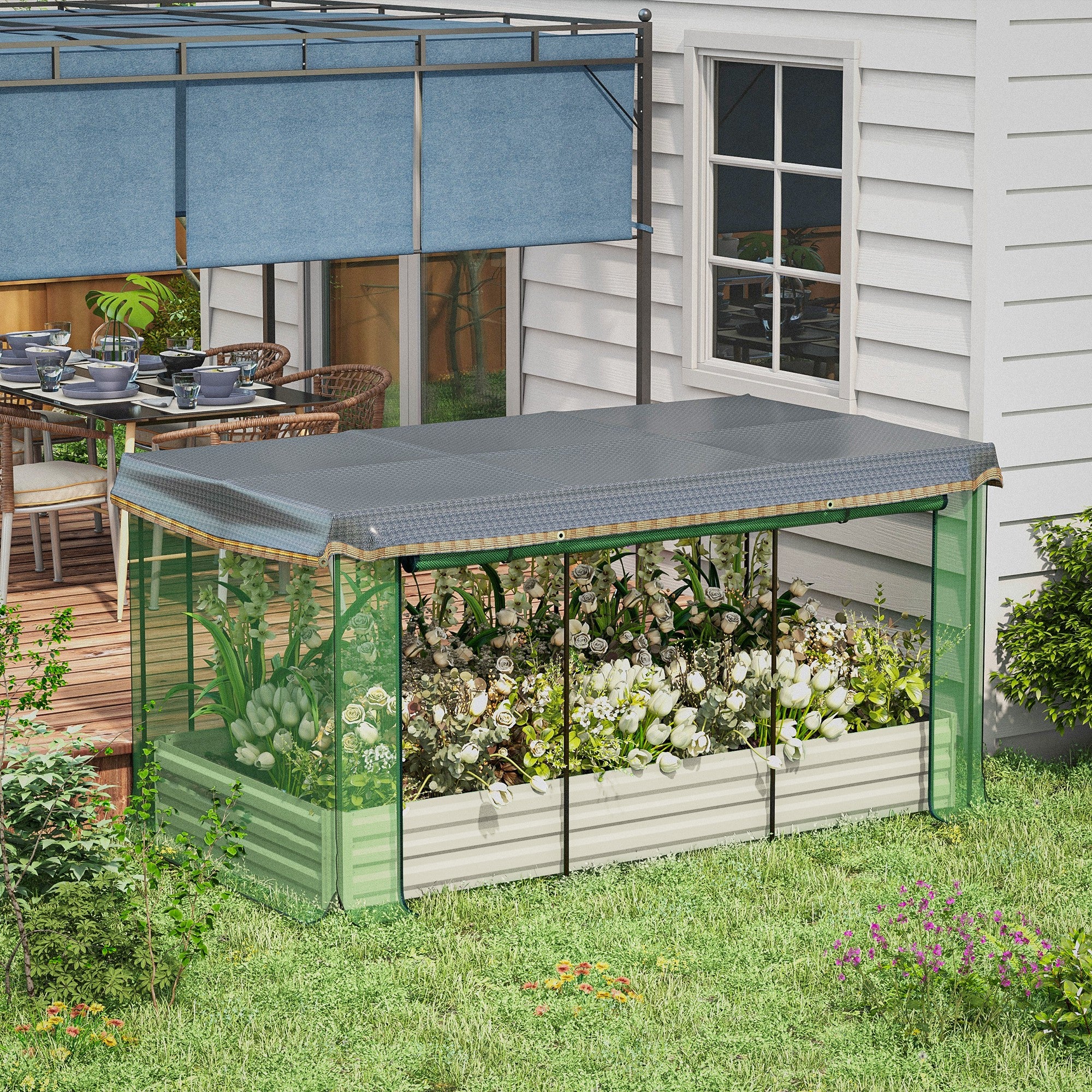 Galvanized Steel Planter Box with Crop Cage and Shade Cloth, Raised Garden Bed for Flowers, Veggies and Herbs, Beige - Beige - Image 2