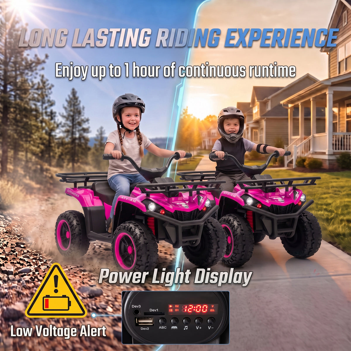 24V Ride on ATV, 4 Wheeler for Kids with Dual Motors, Soft Start, Battery Display, Music, Lights for 3-8 Years, Pink
