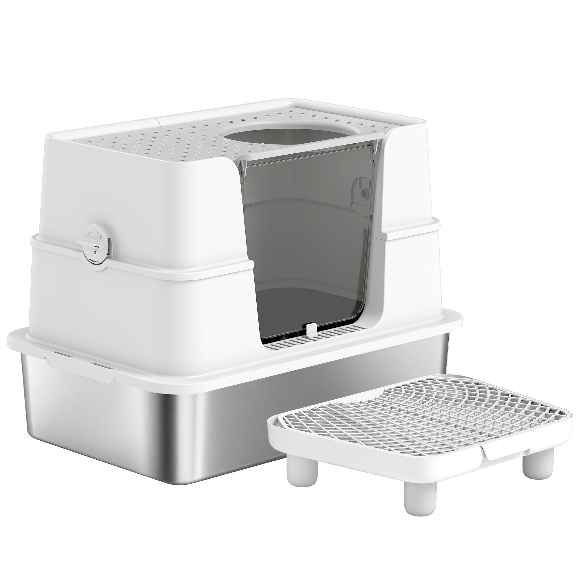 XL Stainless Steel Litter Box w/ 100° Flip Top, Scoop, Step, Top & Side Entry Enclosed Litter Box for Big Cats - Light Gray