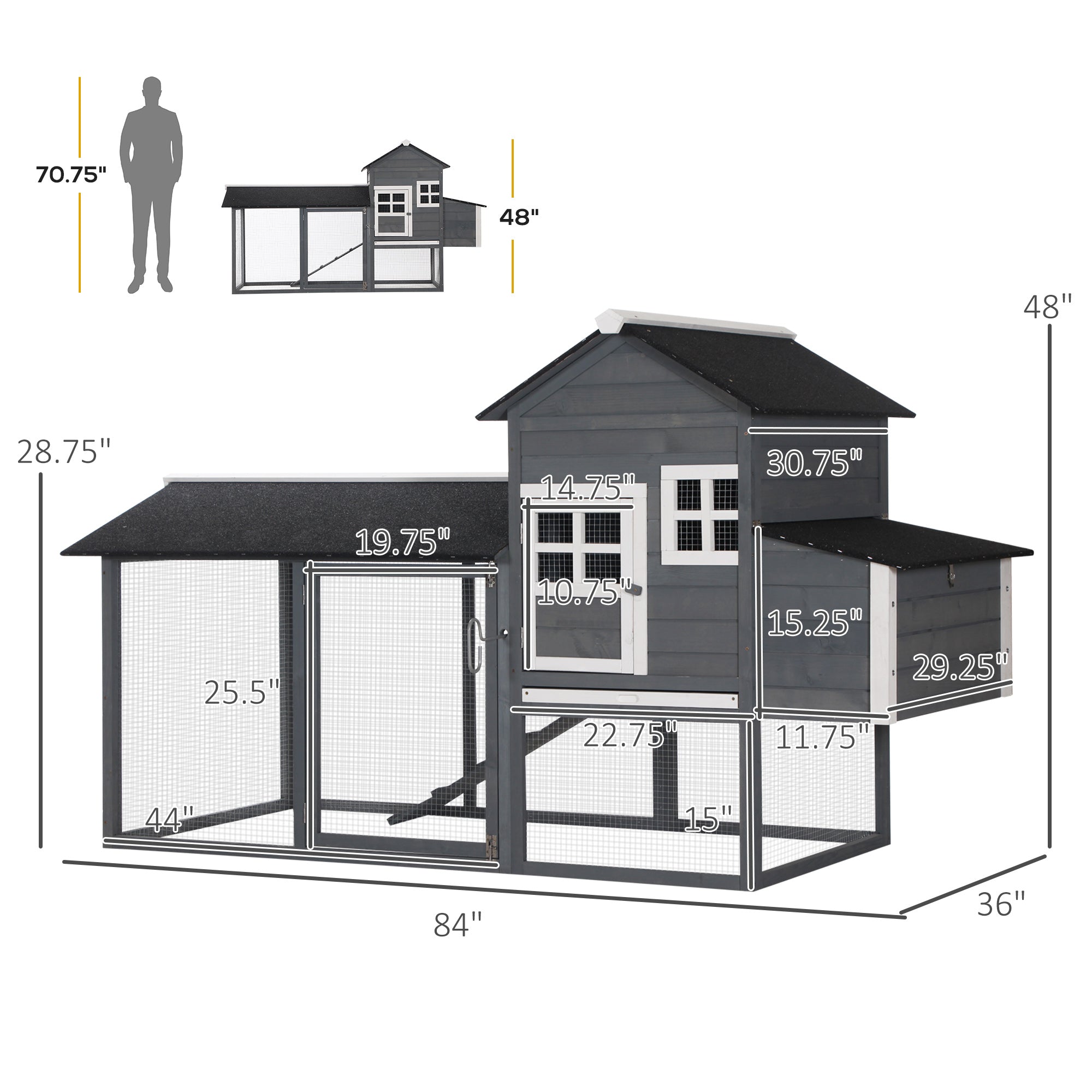84" Wooden Chicken Coop, Hen House Outdoor with Run Nesting Box, Asphalt Roof, Removable Tray, Ramp, Poultry Cage for 2-3 Chickens, Gray - gray - Image 3