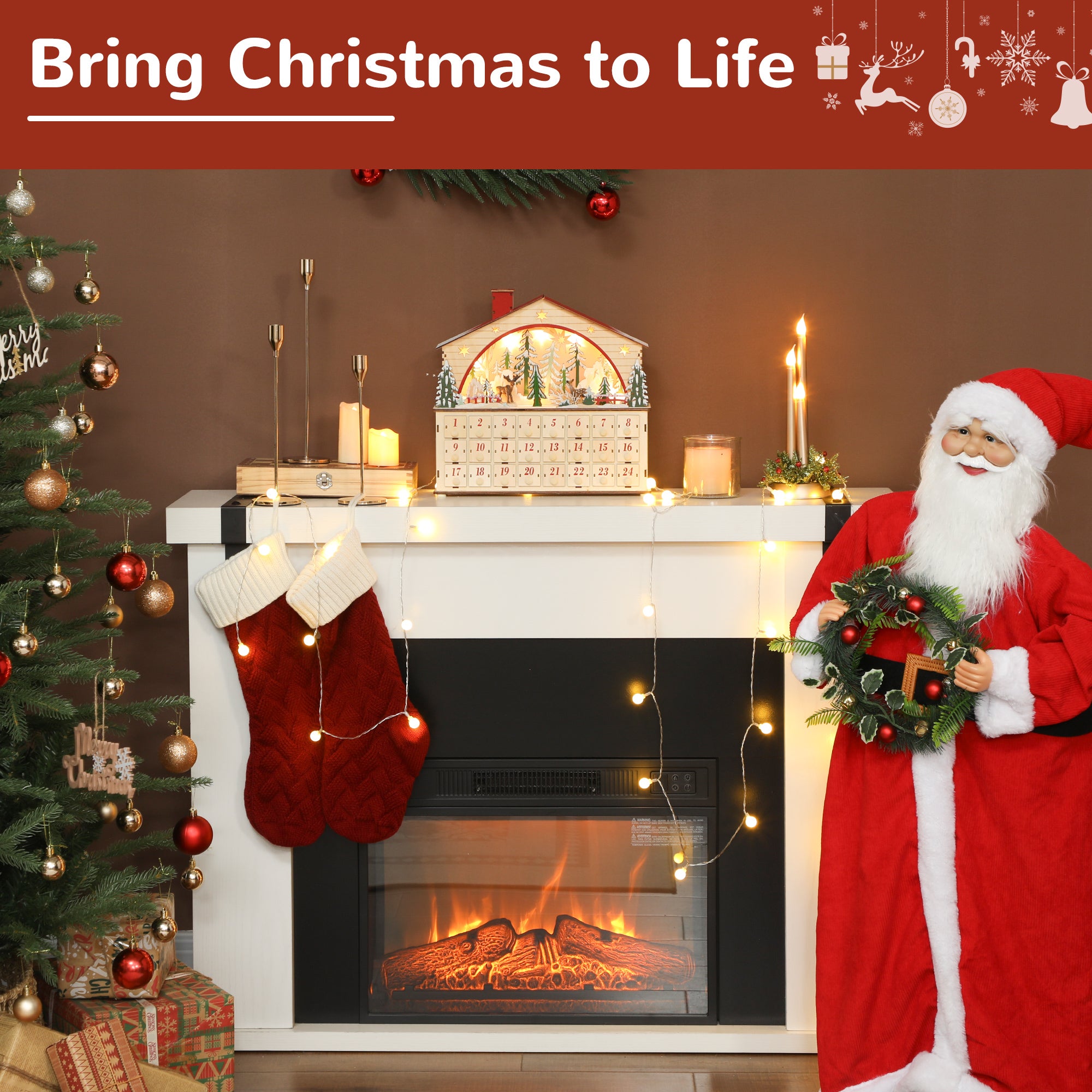Christmas Advent Calendar with 24 Countdown Drawers and LED Lights, Wooden Advent Calendar House, Battery Operated