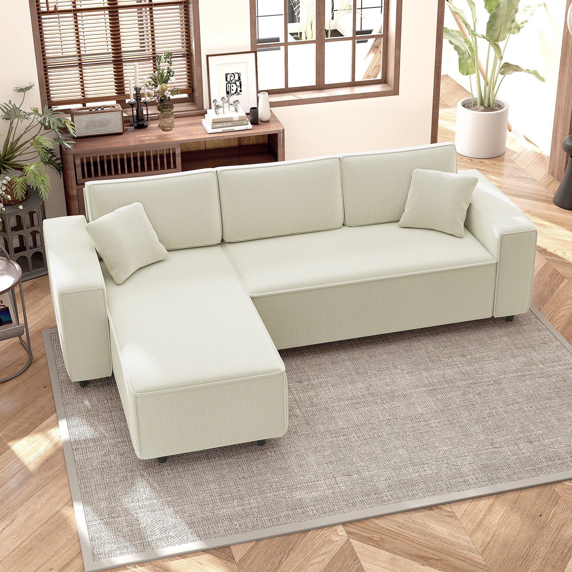 Corner Sofa with Reversible Chaise Lounge, Corduroy L-Shaped Sectional Sofa with Pocket Spring, Cream White