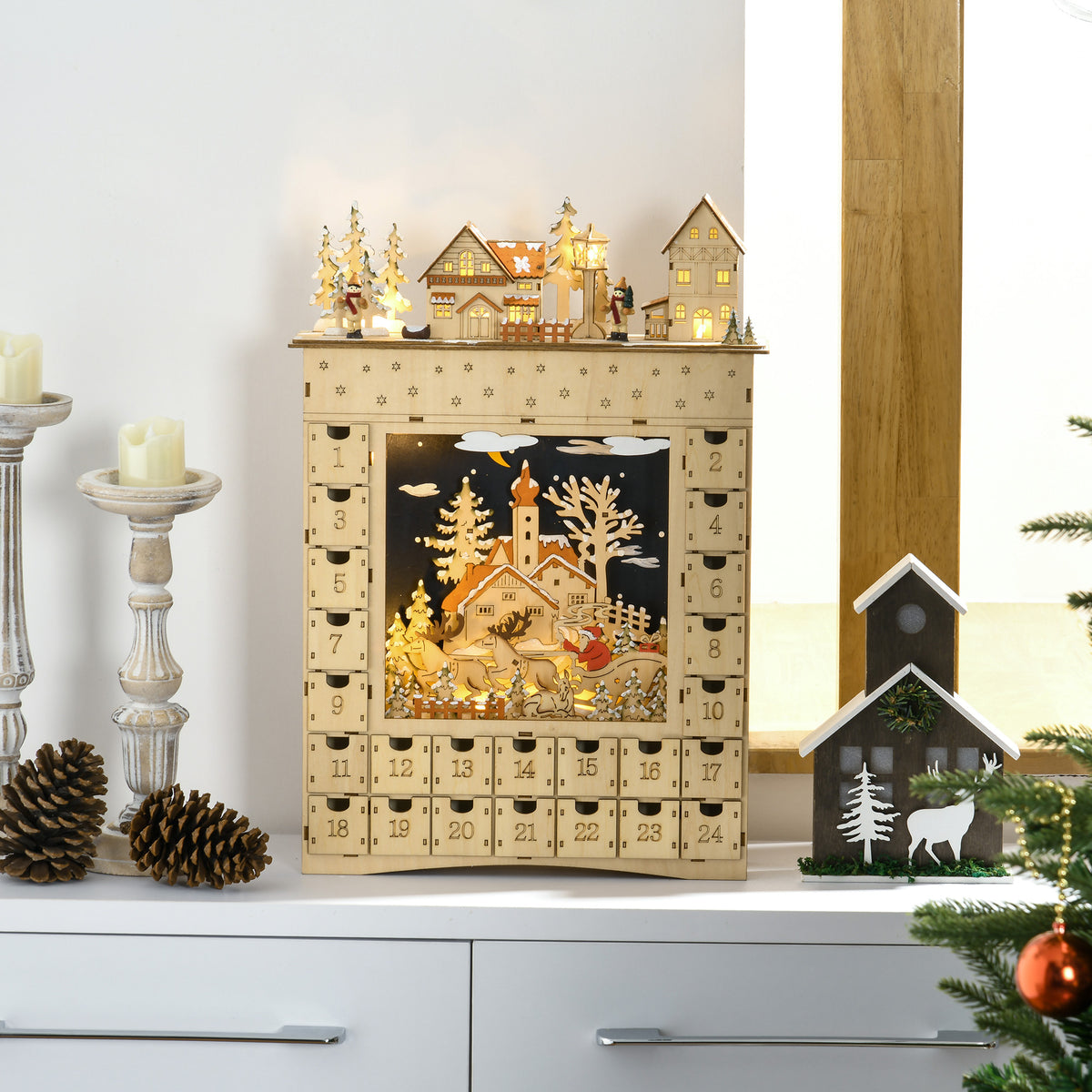 Christmas Advent Calendar, Wooden Countdown to Christmas Table Decoration with 24 Drawers, Lights, Battery Operated