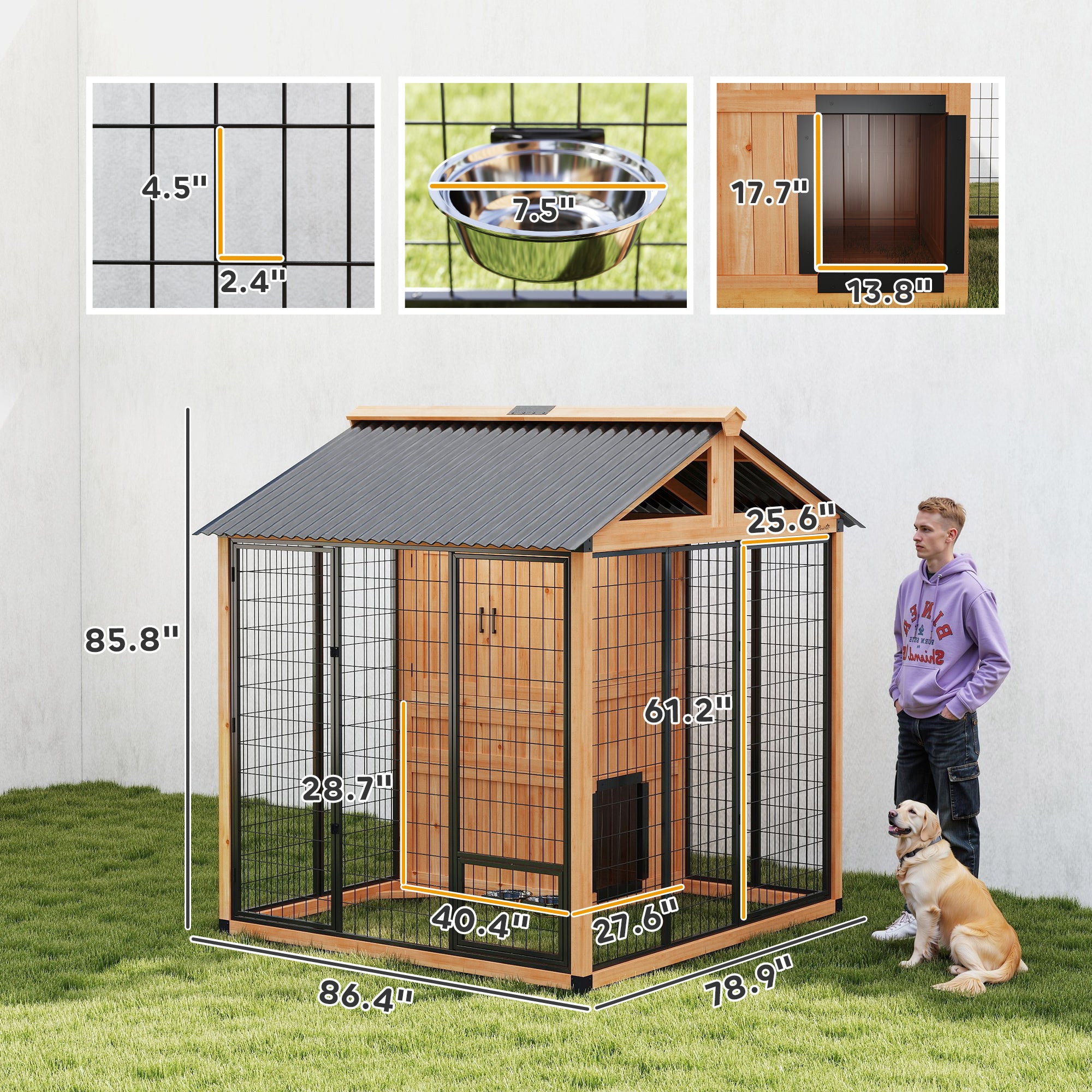 7' x 6' Extra Large Dog House, Wood Outdoor Dog Kennel with Storage Cabinet, Stainless Steel Bowls, Light Yellow - Yellow - Image 3