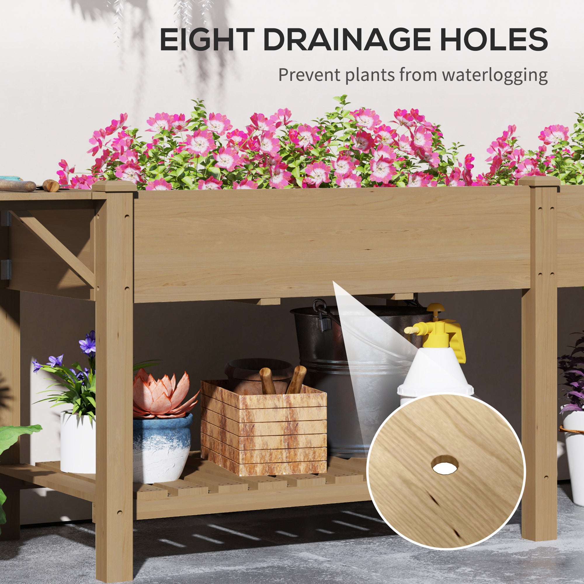 Wood Raised Garden Box, Elevated Garden Bed with Side Table, Bottom Shelf, Bed Liners and Drainage Holes, Carbonized - Carbonized - Image 7