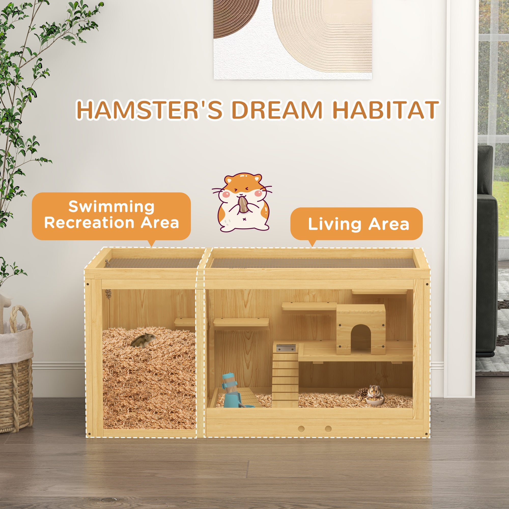 Extra Large Wooden Hamster Cage with Pull-out Tray, Seesaws, Ladder - Natural wood finish - Image 8