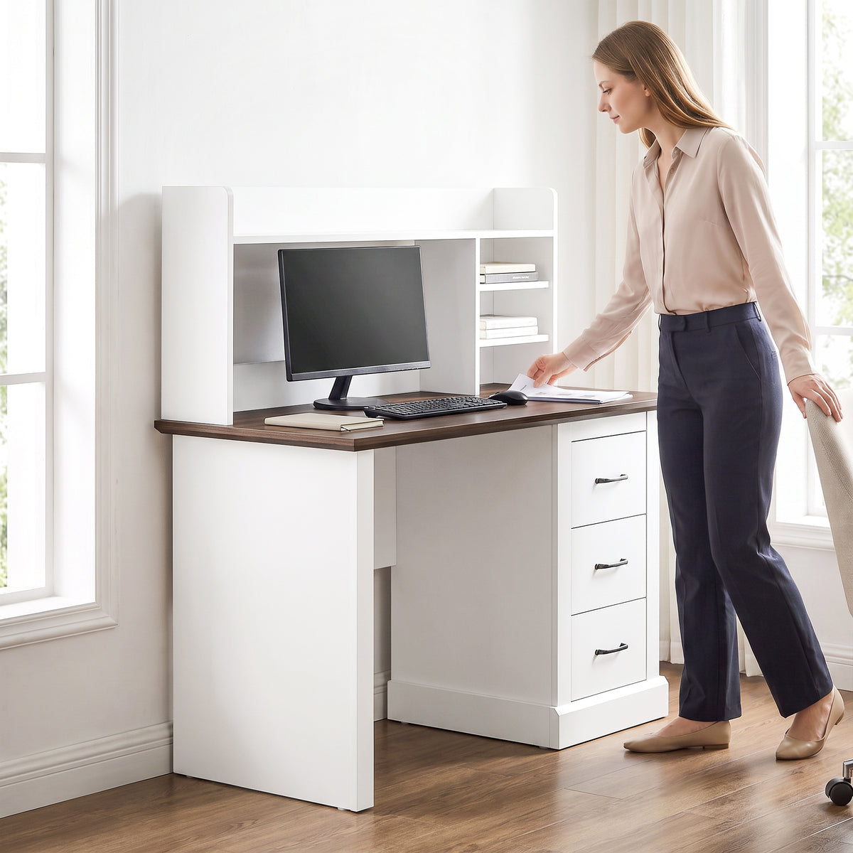 Computer Desk with 3 Drawers and Storage Shelves, 47" Home Office Study Writing Table, Walnut and White