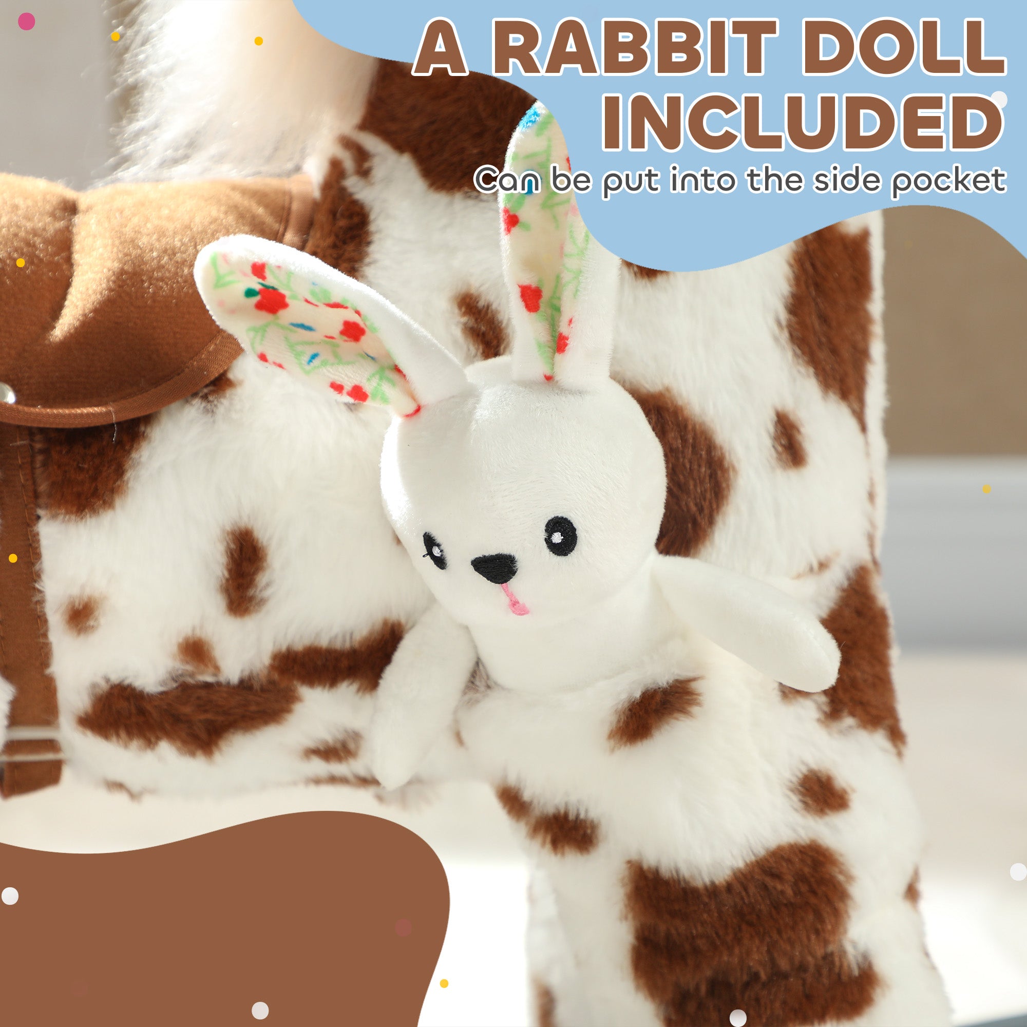Rocking Horse, Animal Rocker with Rabbit Toy and Realistic Neigh for Toddlers, Soft Filling Ride on Pony, Brown
