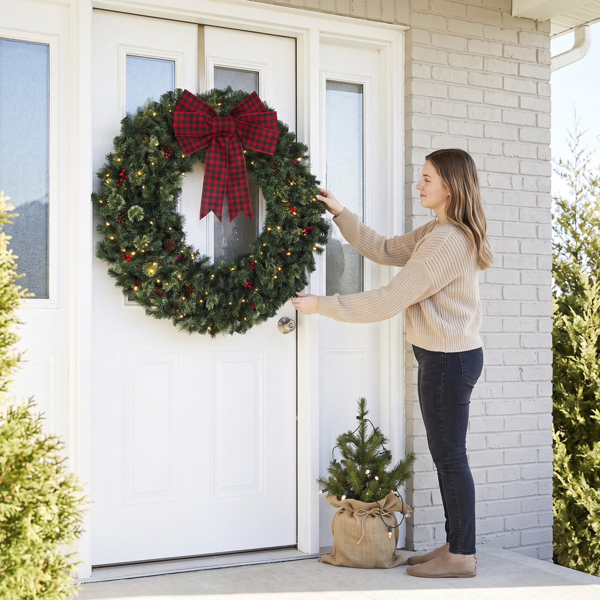 48" Prelit Crestwood Spruce Artificial Christmas Wreath, Christmas Decor with Bow, 8 Modes, Red Berries, Pinecones
