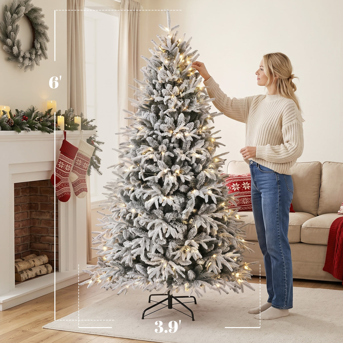 6ft Flocked Prelit Christmas Tree, Hinged Xmas Tree with 2015 Tips, 260 Warm White LED Lights, Green White