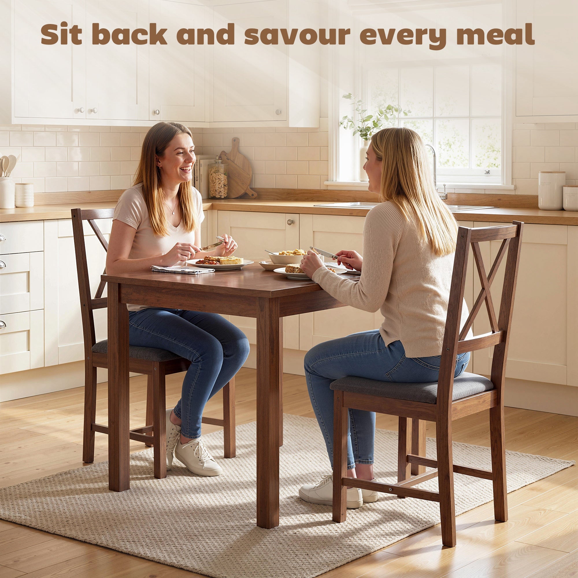 Set of 2 Dining Chairs, Upholstered X-Back Dining Room Chairs with Rubberwood Legs and Padded Seat, Walnut