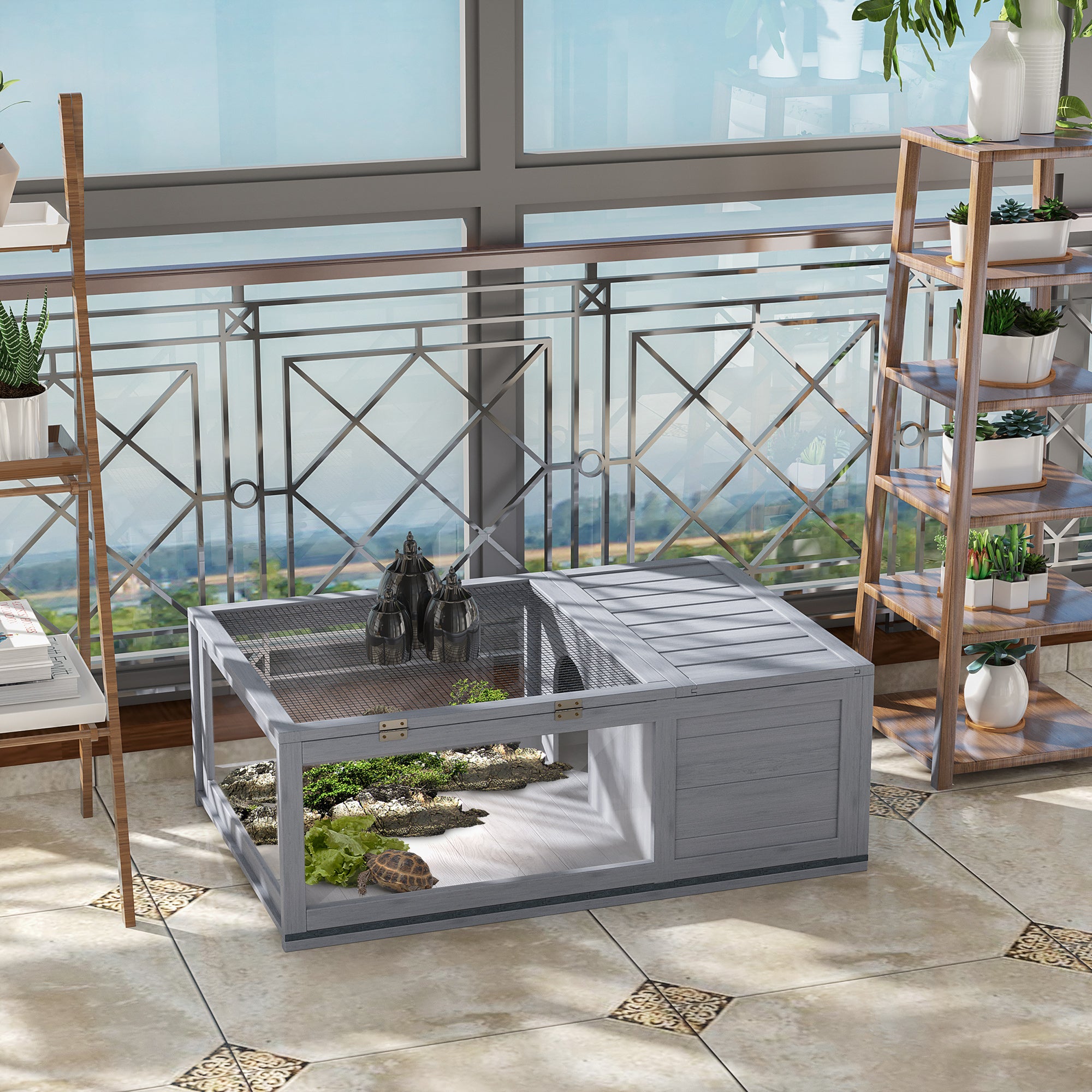 Wooden Reptile Cage with 3 Windows Slide-out Tray for Turtles, Lizards, Snakes - Grey - Image 8
