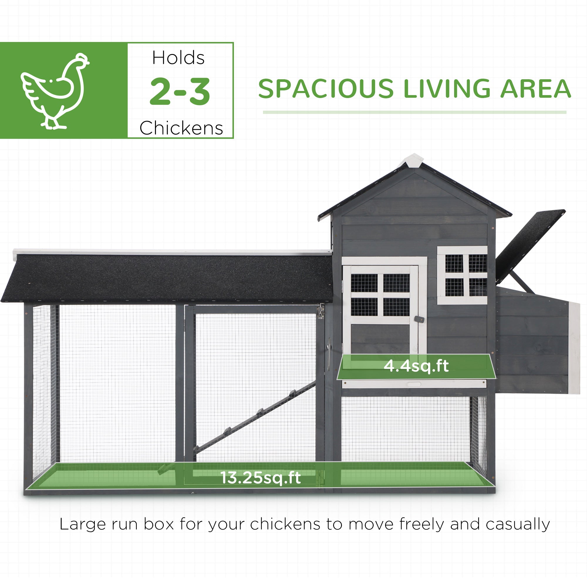 84" Wooden Chicken Coop, Hen House Outdoor with Run Nesting Box, Asphalt Roof, Removable Tray, Ramp, Poultry Cage for 2-3 Chickens, Gray - gray - Image 4