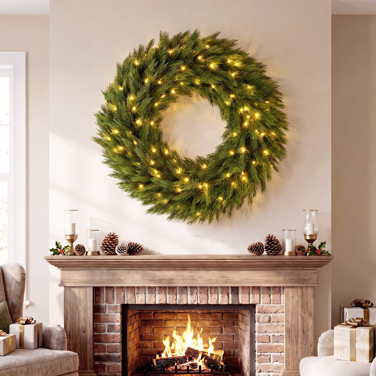 Christmas Decoration, 36 in Pre-Lit Norwegian Spruce Artificial Christmas Wreath with 100 LED Lights, Green