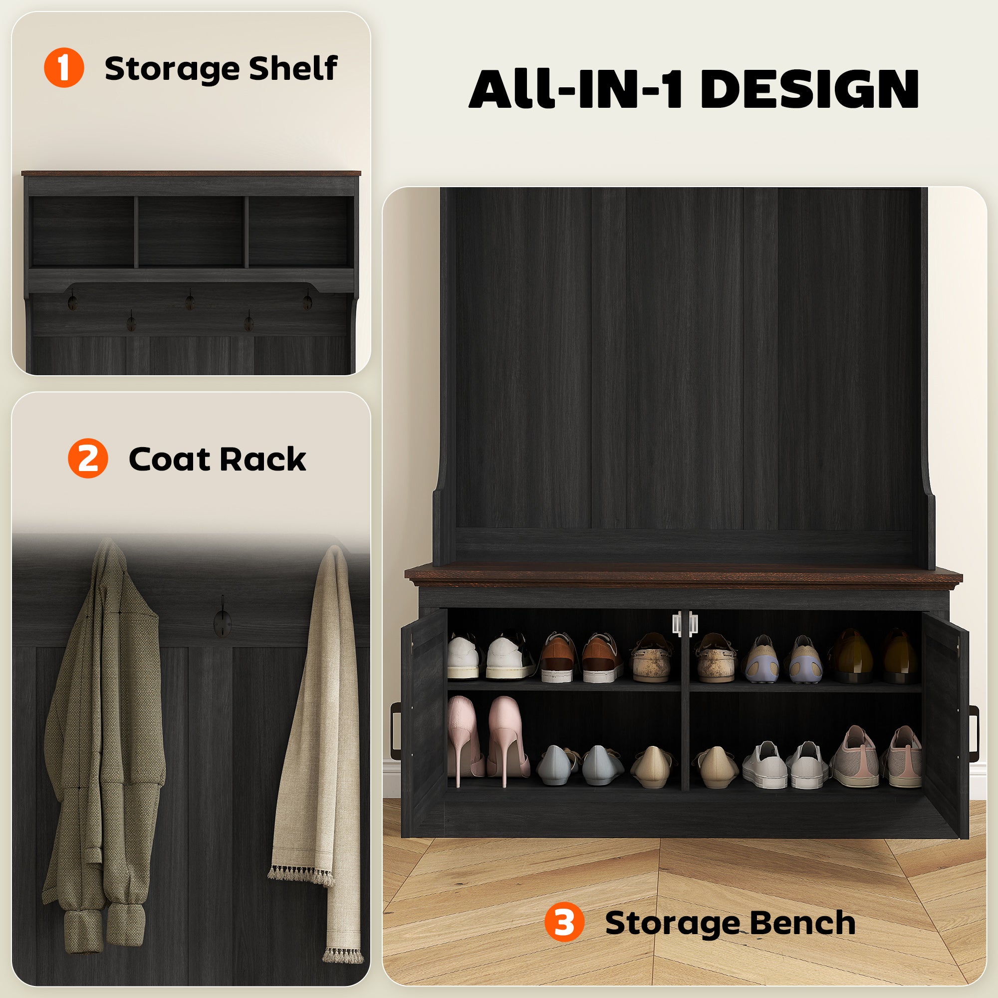 3-in-1 Hall Tree with Shoe Storage, Coat Rack with Bench, Entryway Furniture with Five Hooks, Black Wood Grain