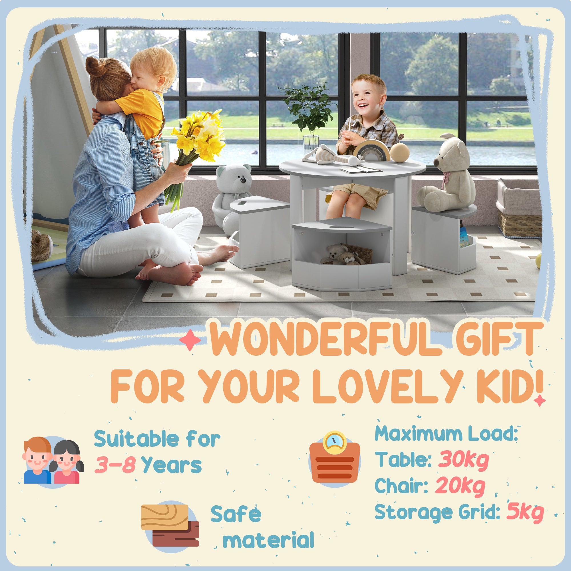 5 Piece Kids Table and Chairs Set with Storage for Art, Craft, Drawing, Playroom, Classroom, Nursery, Gray