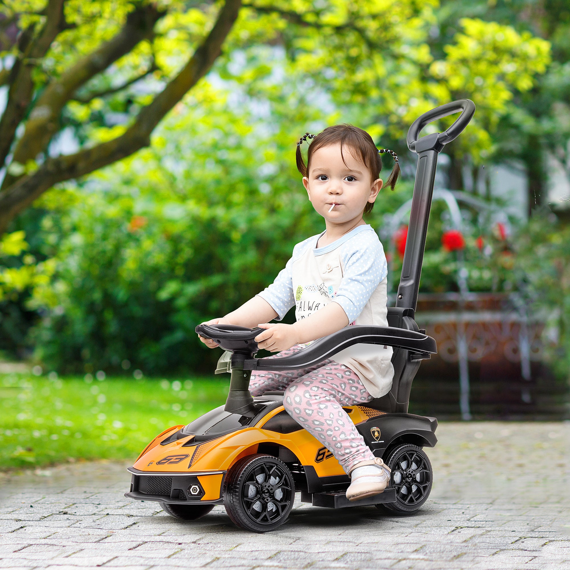 2-in-1 Ride On Push Car for Toddlers 1-3, Licensed Lamborghini Stroller Sliding Car, Push-Along with Under Seat Storage Horn Engine Sound and Steering Wheel, Manual, Orange