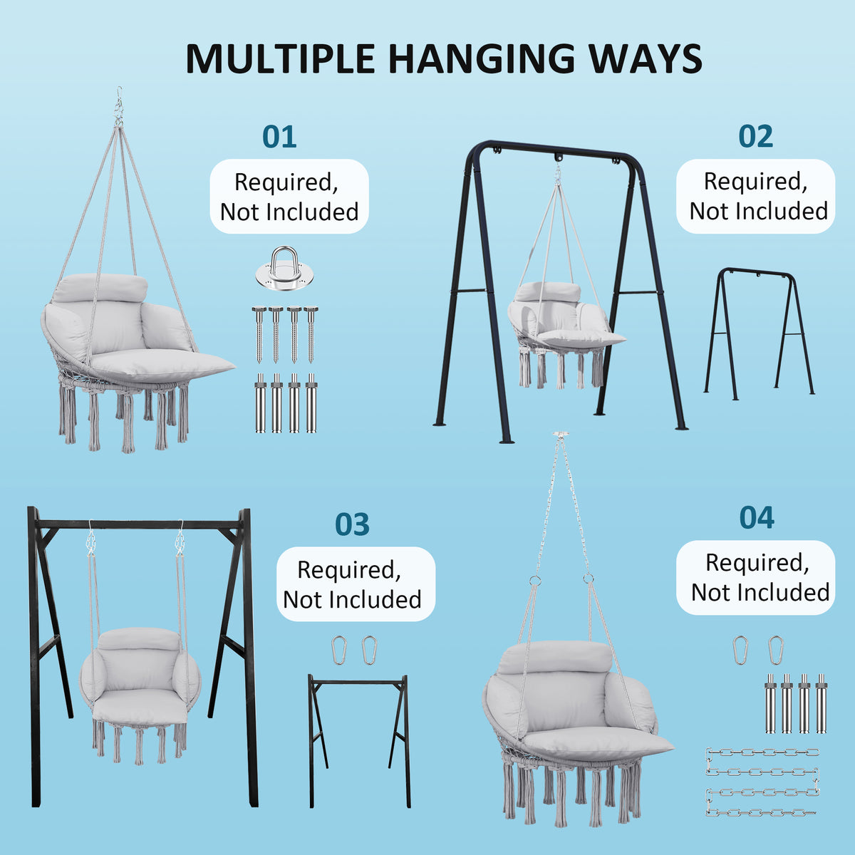 Hammock Swing Chair, Macrame Hanging Chair with Large Cushion, Chain, Steel Frame for Indoor Outdoor Use, Gray