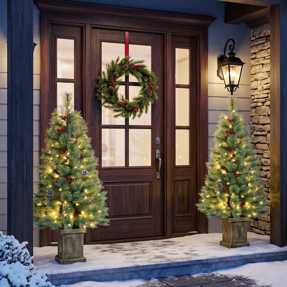 4ft Pre-Lit Artificial Christmas Tree Set of 2, Xmas Pine Trees, Dual Colors, Remote, Green