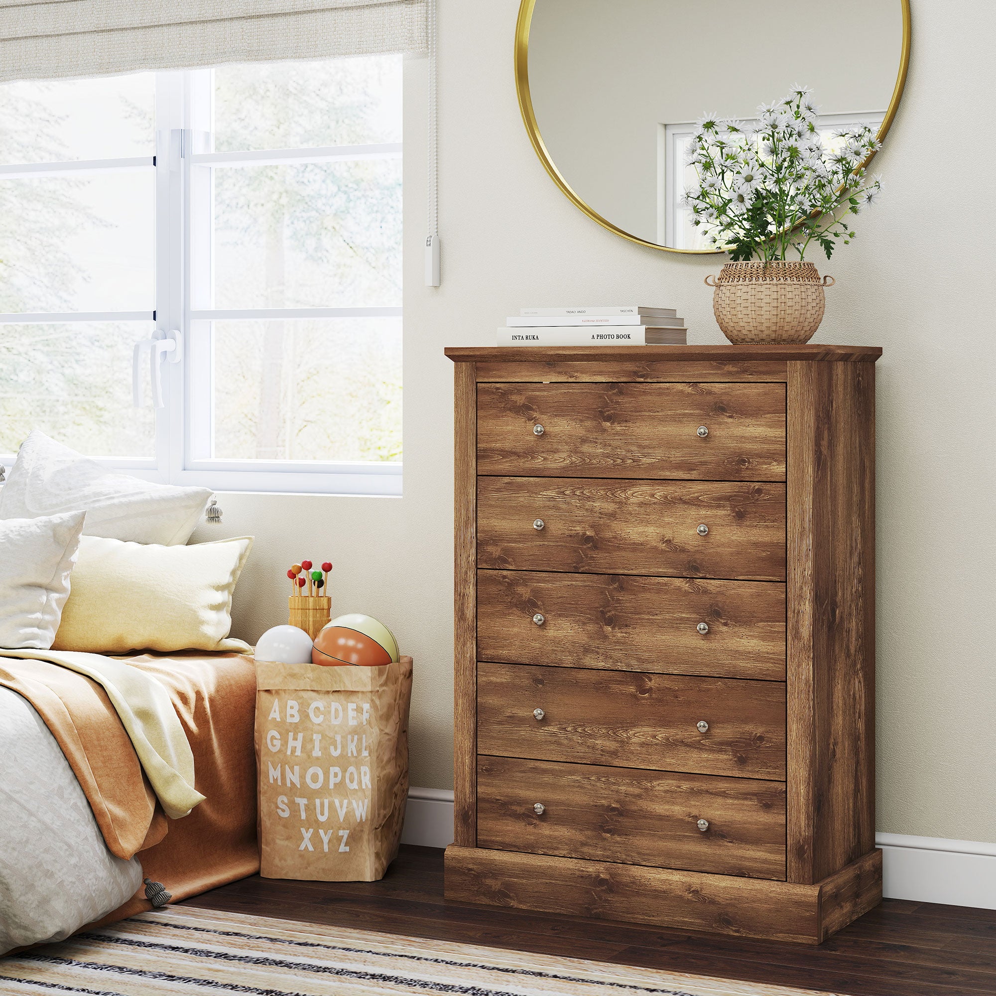 31" Wide Farmhouse Chest of Drawers with 5 Drawers, Dresser for Bedroom with Wood Top for Living Room, Brown