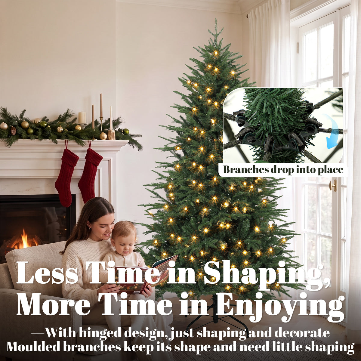6ft Prelit Christmas Tree, Wide Artificial Hinged Xmas Tree with 300 Warm White LED Lights, 2345 Tips, Green