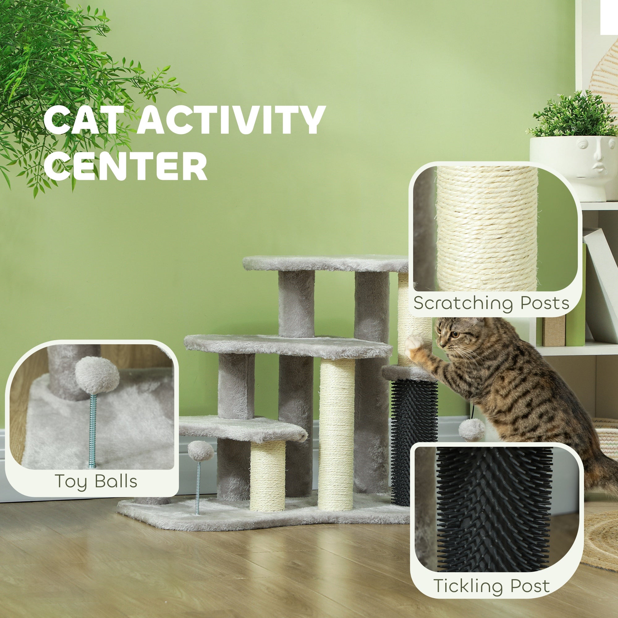 2 in 1 Cat Tree Tower 3-Step Pet Stairs with Scratching Posts, Tickling Post, Toy Balls, for High Beds, Couch - Light Gray - Image 5