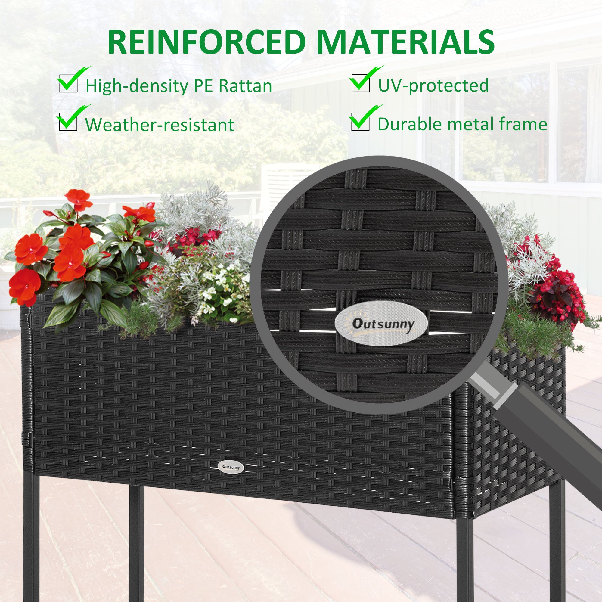 PE Rattan Wicker Raised Flower & Vegetable Planter, Rack Shelf Box - Black - Image 5