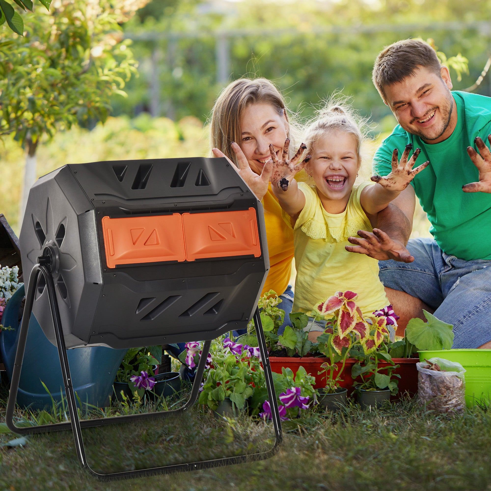 Tumbling Compost Bin Outdoor 360° Dual Chamber Rotating Composter 43 Gallon, Orange - Orange - Image 2