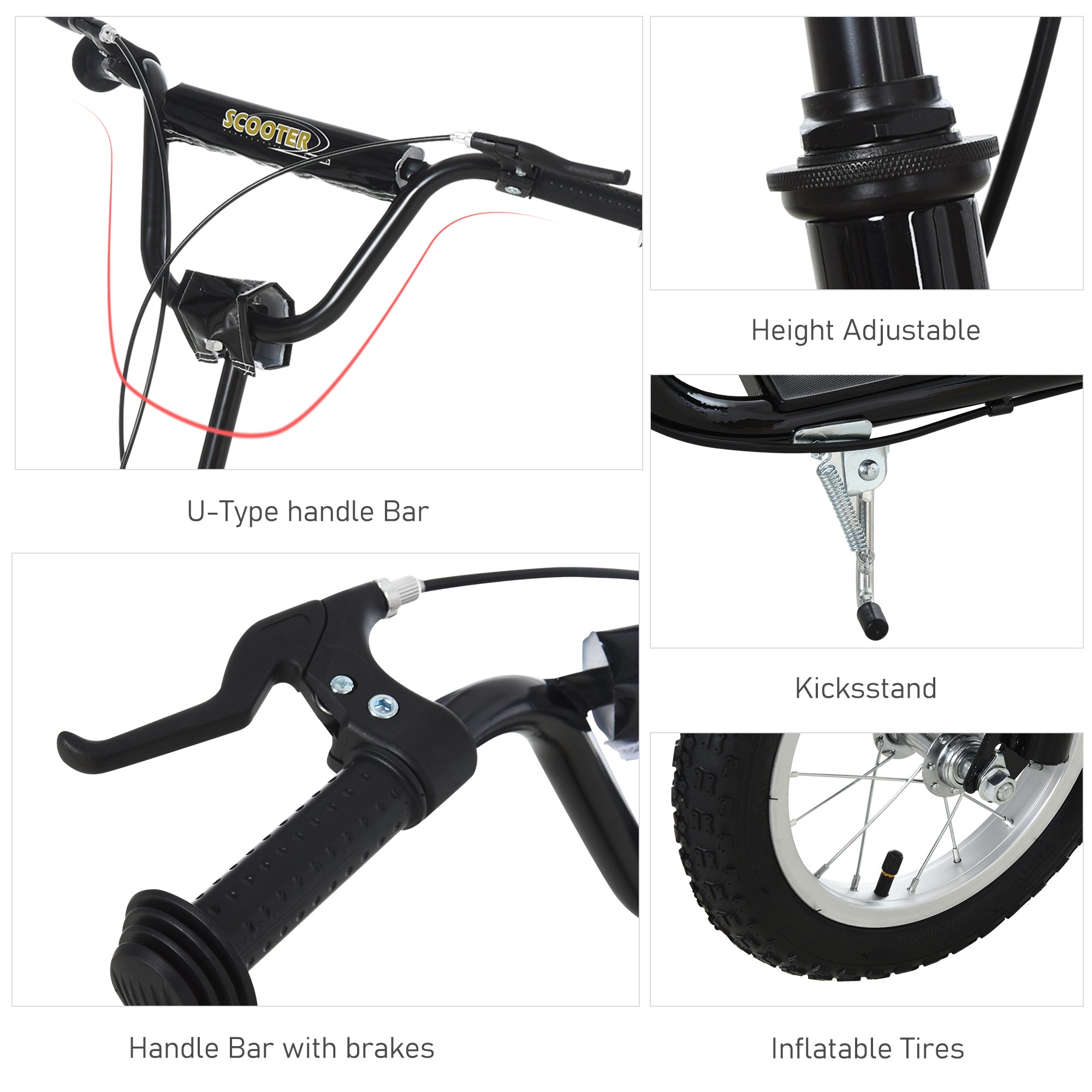 Youth Scooter Front and Rear Caliper Dual Brakes 12-Inch Inflatable Front Wheel Ride On Toy For Age 5+ - Black