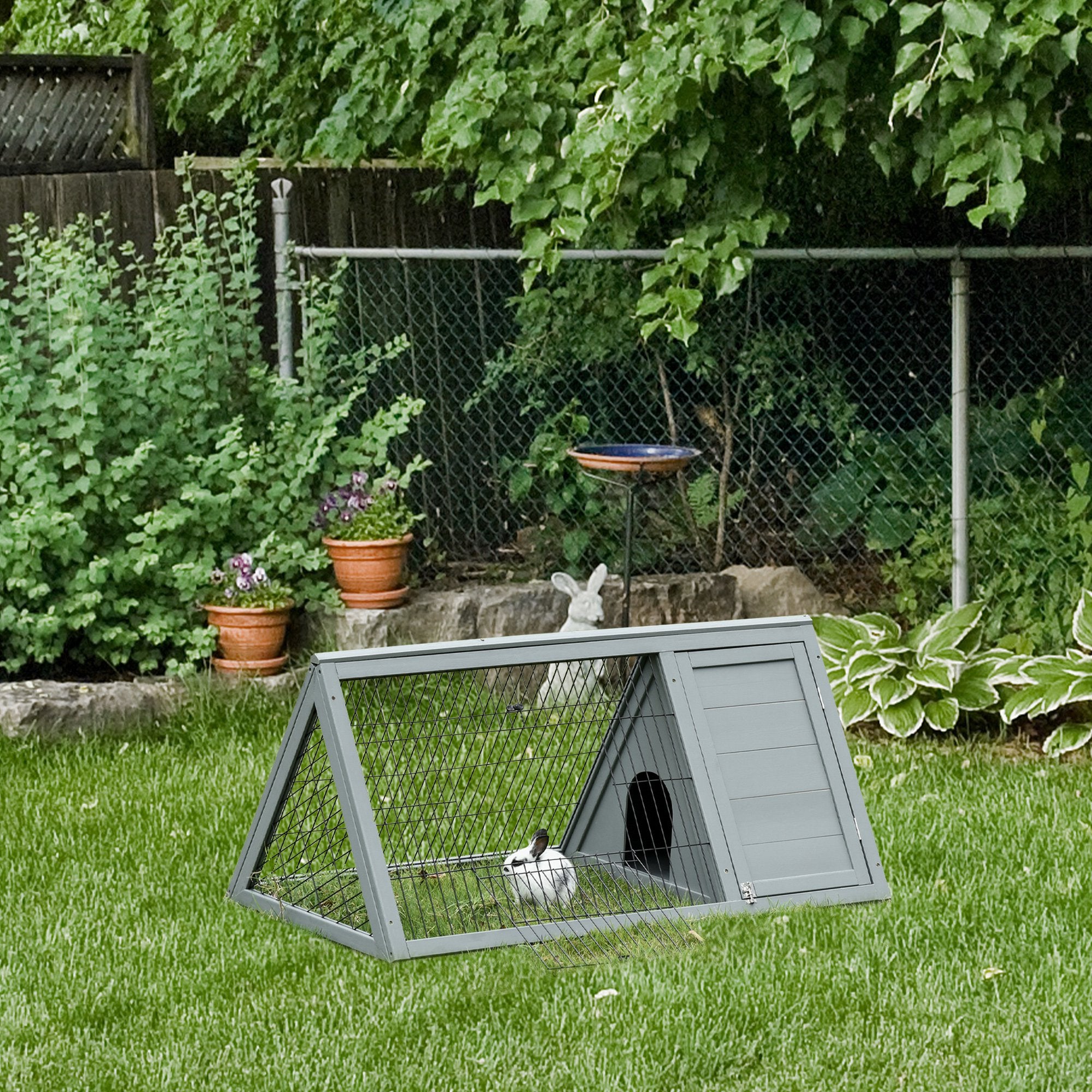 46" x 24" Wooden A-Frame Outdoor Rabbit Hutch, Small Animal Cage, Bunny Hutch with Outside Run & Ventilating Wire, for Rabbits, Chickens, Ducks, Gray - Grey - Image 8