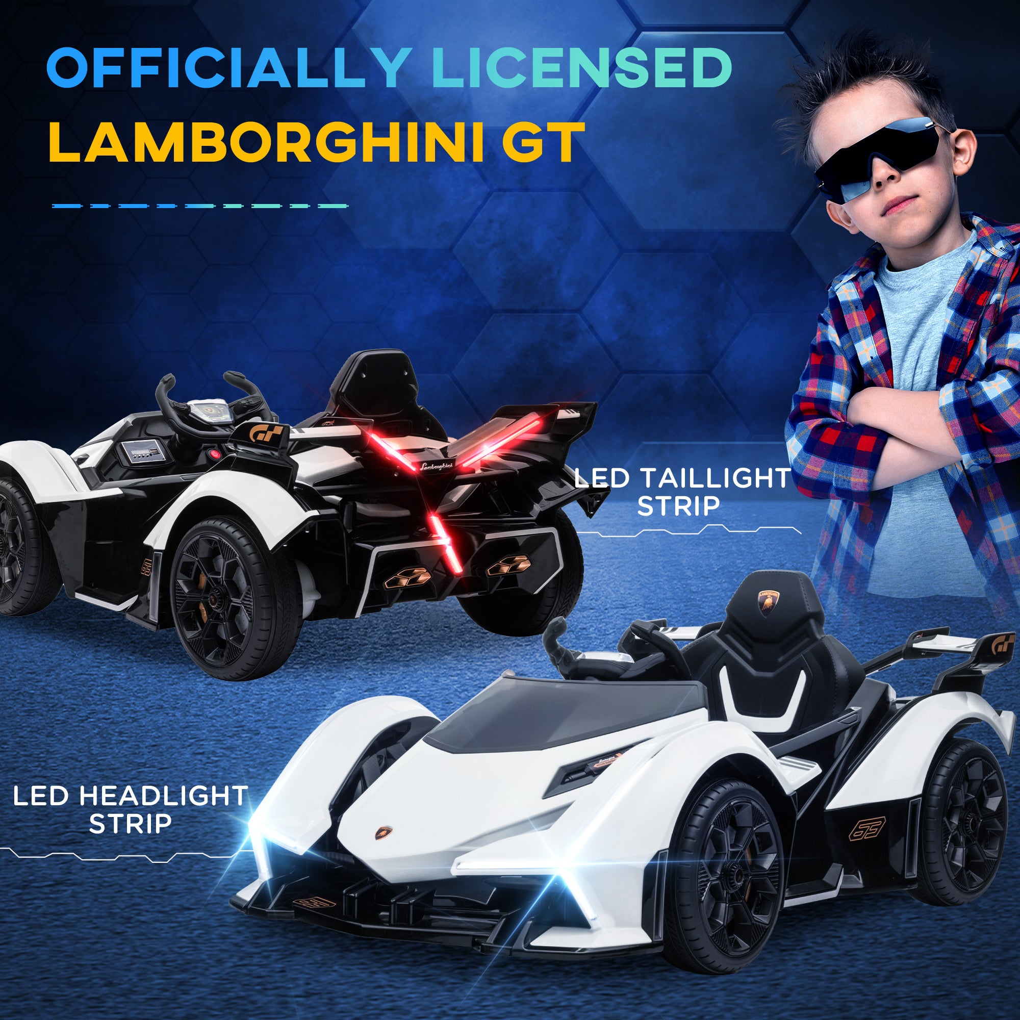 12V Electric Ride-on Car, Licensed Lamborghini V12 Vision Gran Turismo Battery-Powered Ride-on Toy with Remote Control, Music, LED Lights, for 3-6 Year Old Boys and Girls, White
