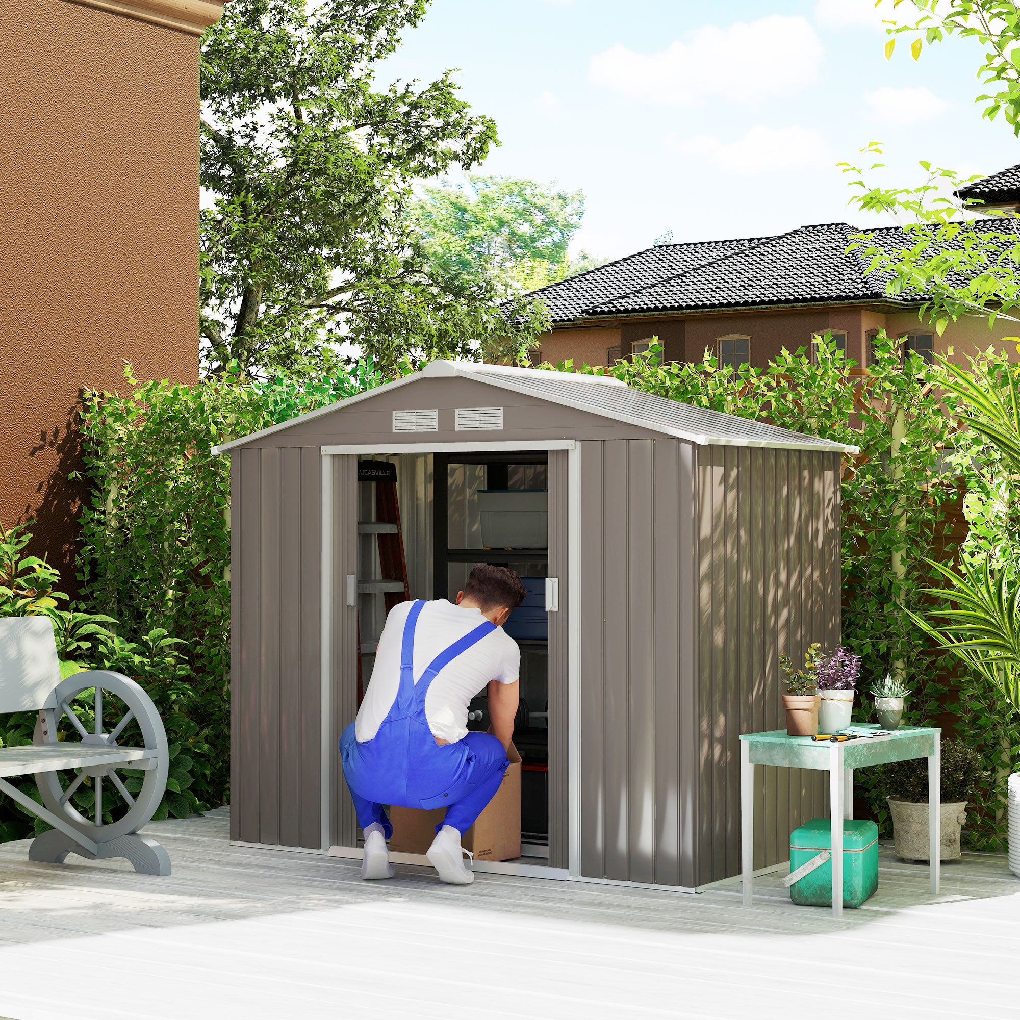 7' x 4' x 6' Outdoor Storage Shed Metal Garden Tool Storage Shed with Sloped Roof - Gray / White - Gray - Image 2