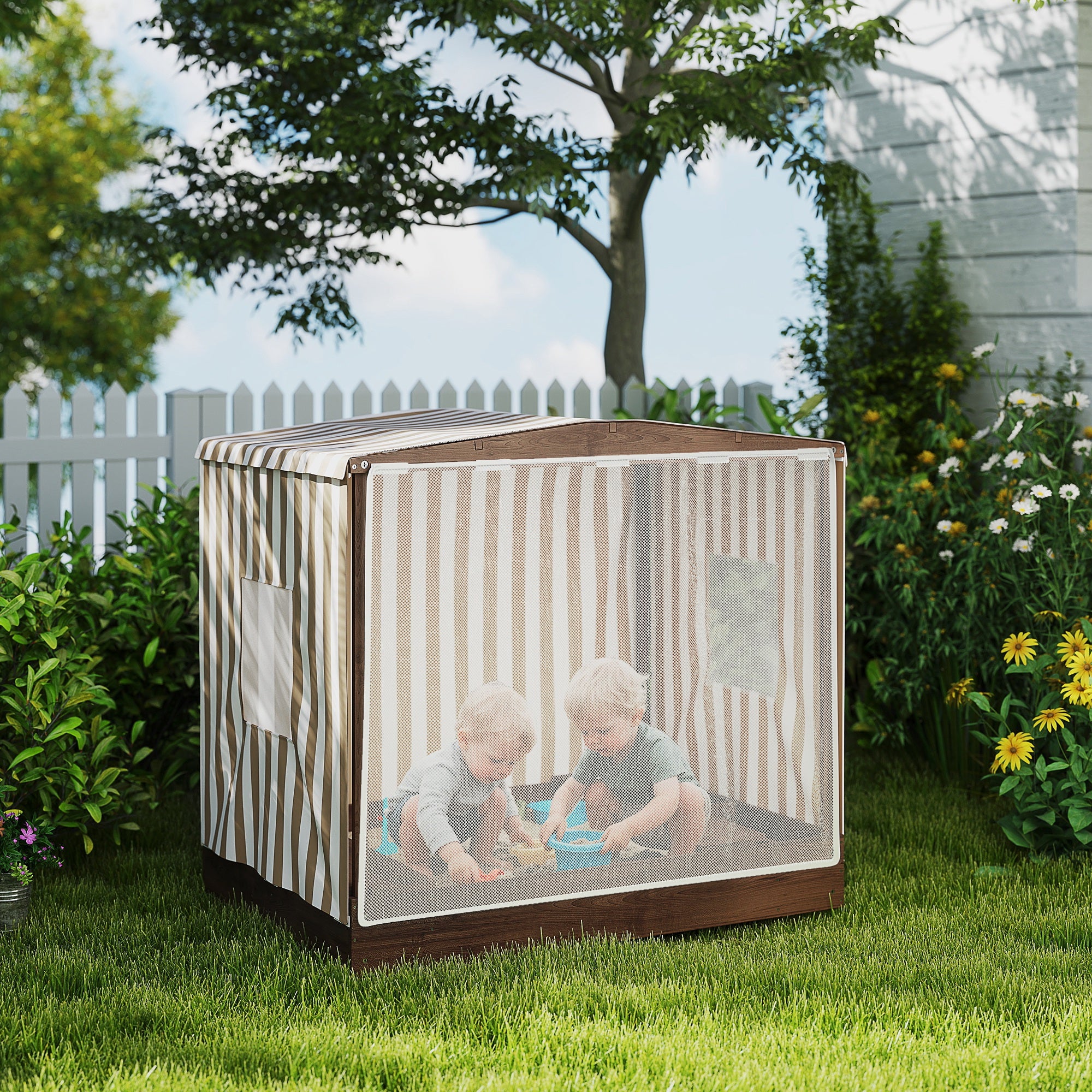 Kids Wooden Sandbox with Canopy Fully Covered, 2 Bench Seats, Bottom Liner, 56" x 40" x 52", Brown