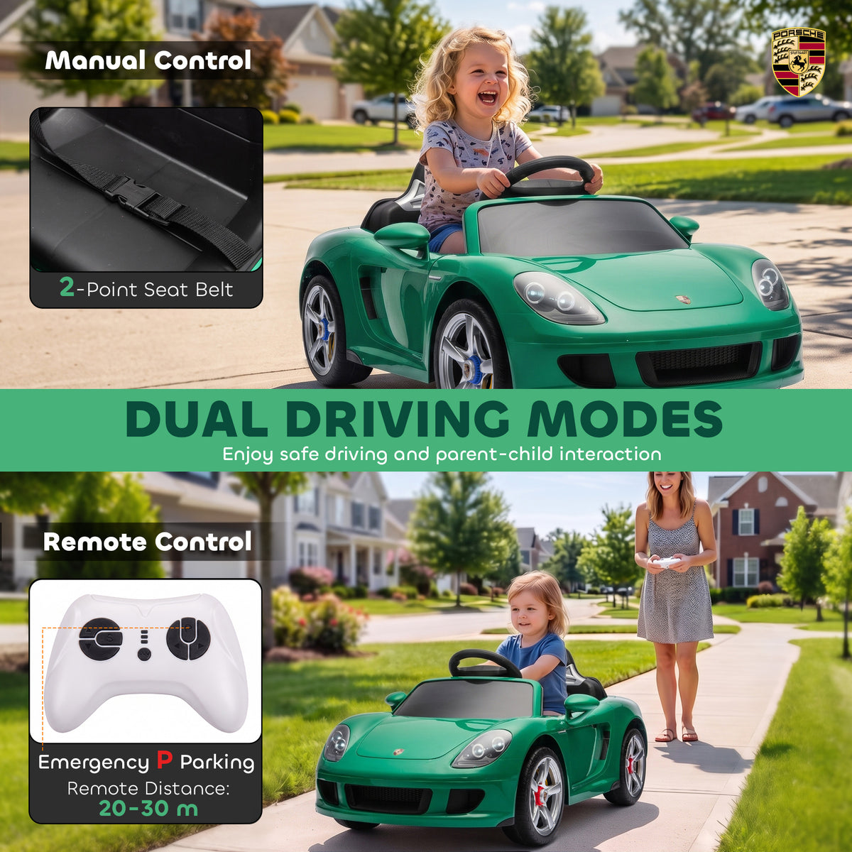12V Kids Ride On Car, Licensed Porsche Carrera GT with Remote, Rear Suspension, Smooth Start for Ages 3-6, Green