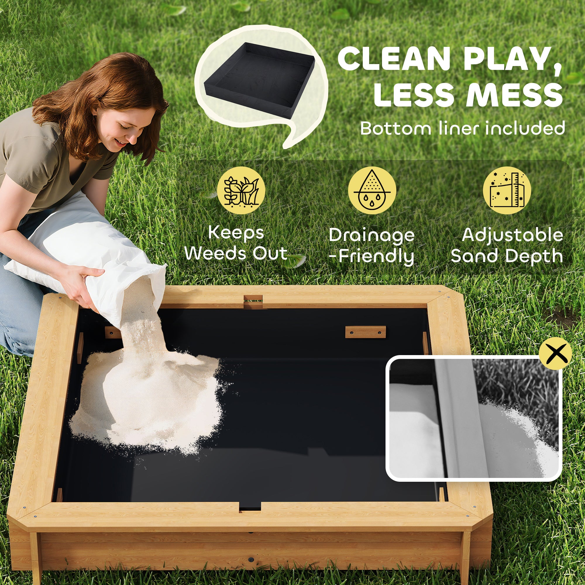 Wooden Kids Sandbox with Cover, Children Outdoor Sand Box with Foldable Bench Seats and Adjustable Canopy