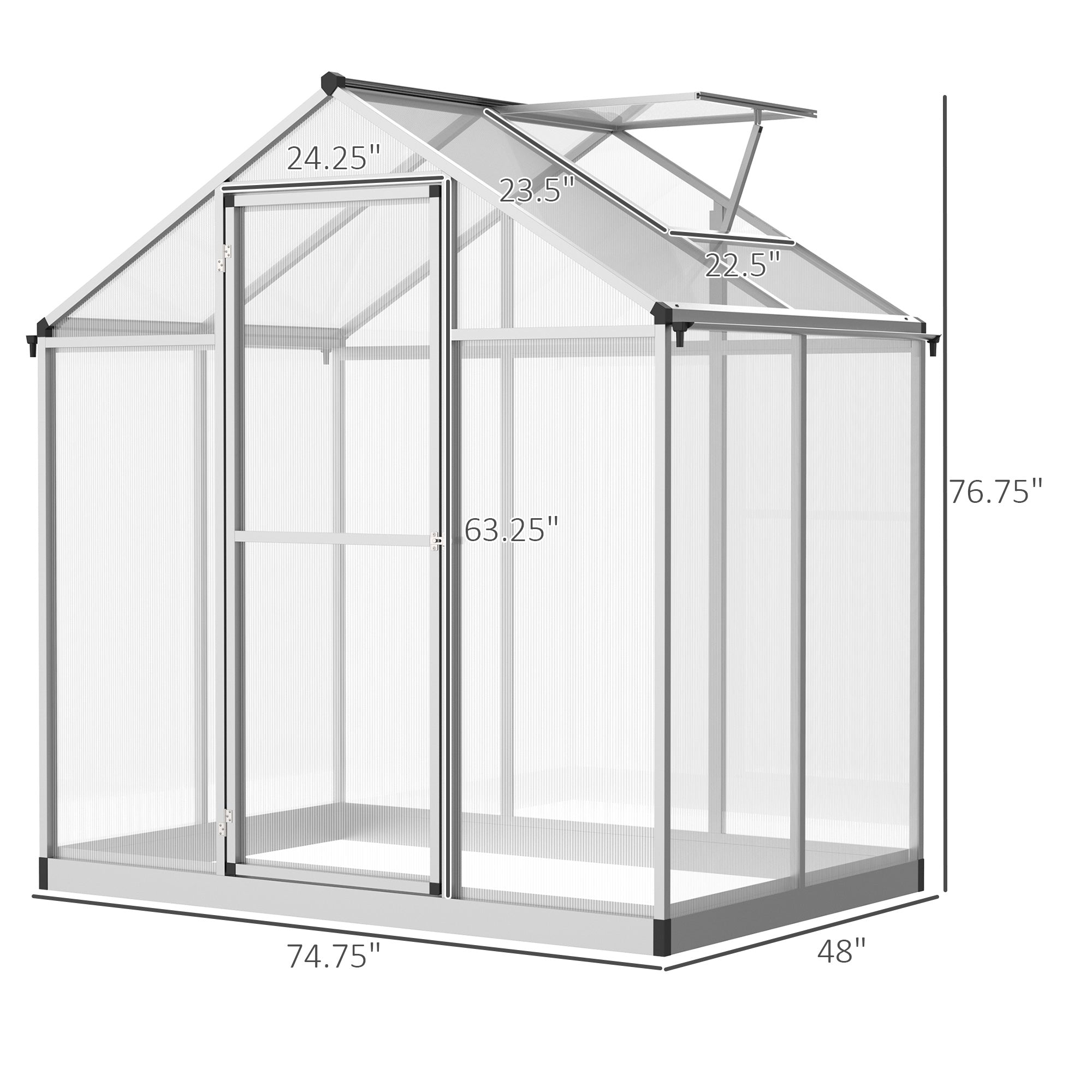 4' L x 6' W Walk-In Polycarbonate Greenhouse with Roof Vent,Greenhouse for Winter - Silver - Image 3