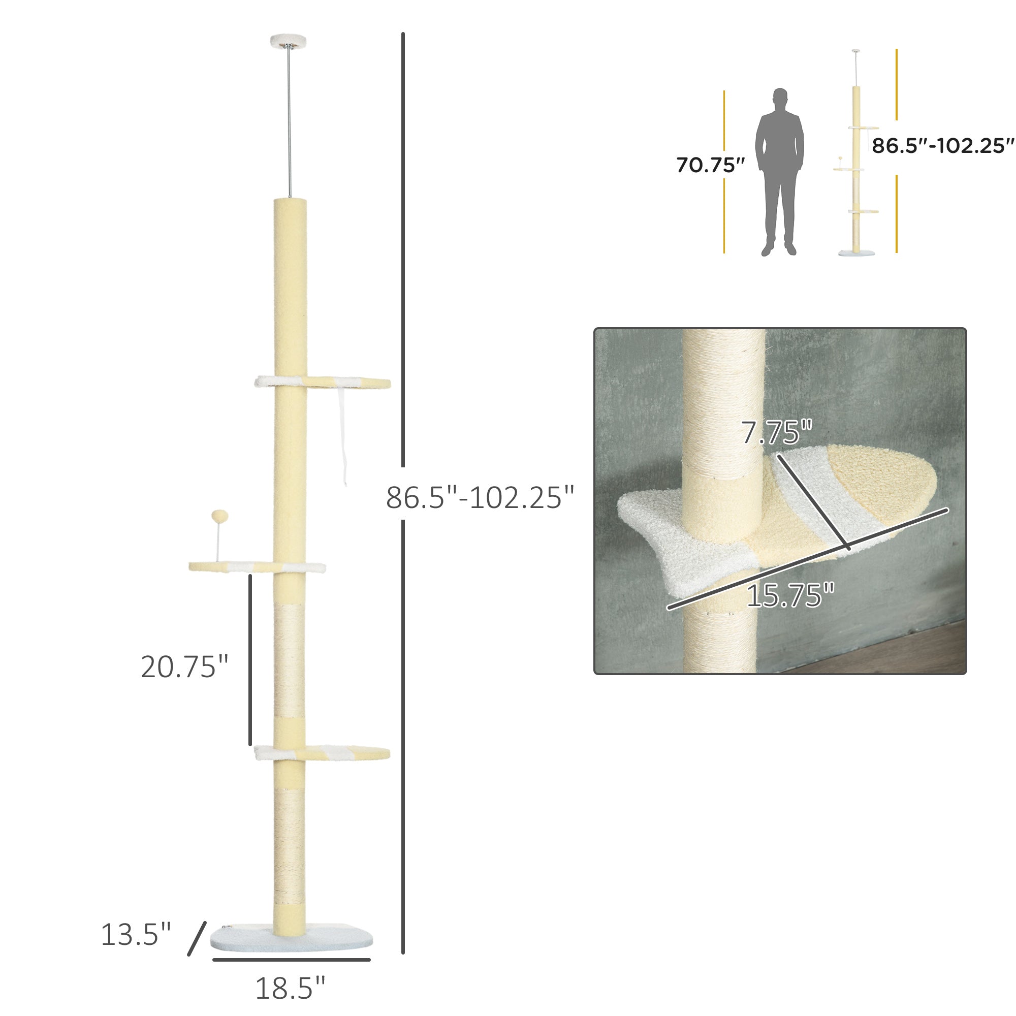 4-Tier Floor to Ceiling Cat Tree Height Adjustable 87 -103 Inch - Yellow - Image 3