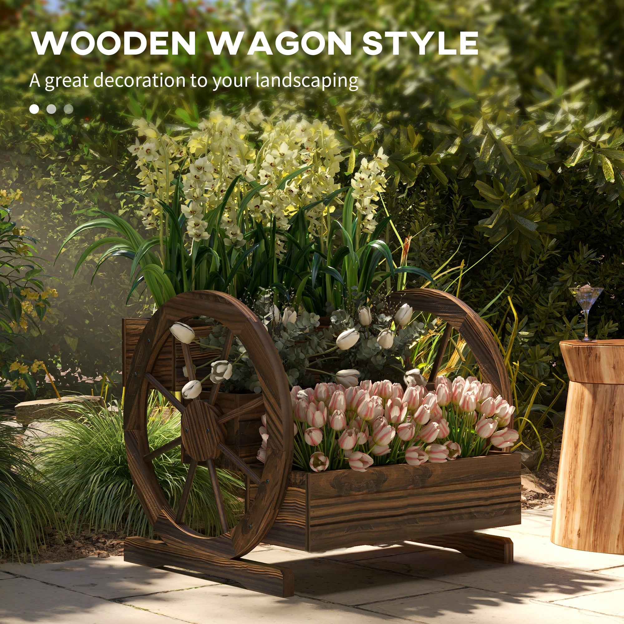 Wooden Wagon Planter Box, 3-Tier Raised Garden Bed, for Vegetables Flowers Herbs, 25" x 24" x 23" - Carbonized - Image 4