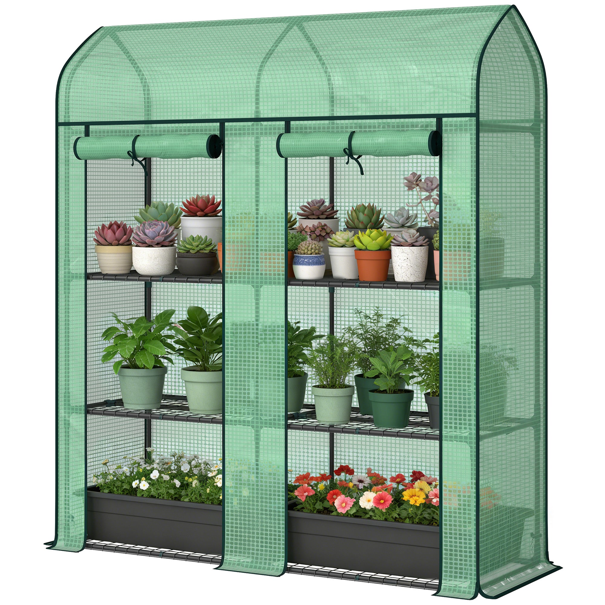 3 Tier Mini Greenhouse, Small Portable Greenhouse with 2 Roll-up Doors, 56.3" x 18.1" x 65", Green - Green