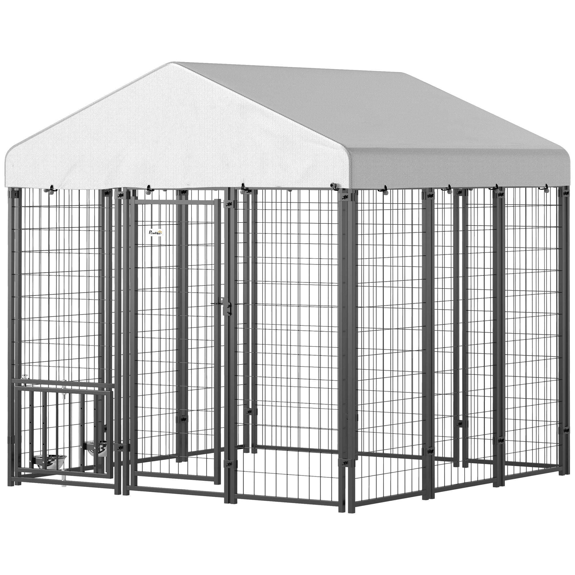 5.9' x 5.9' x 6' Outdoor Dog Kennel with Roof, Rotating & 4-Level Adjustable Bowls - Silver