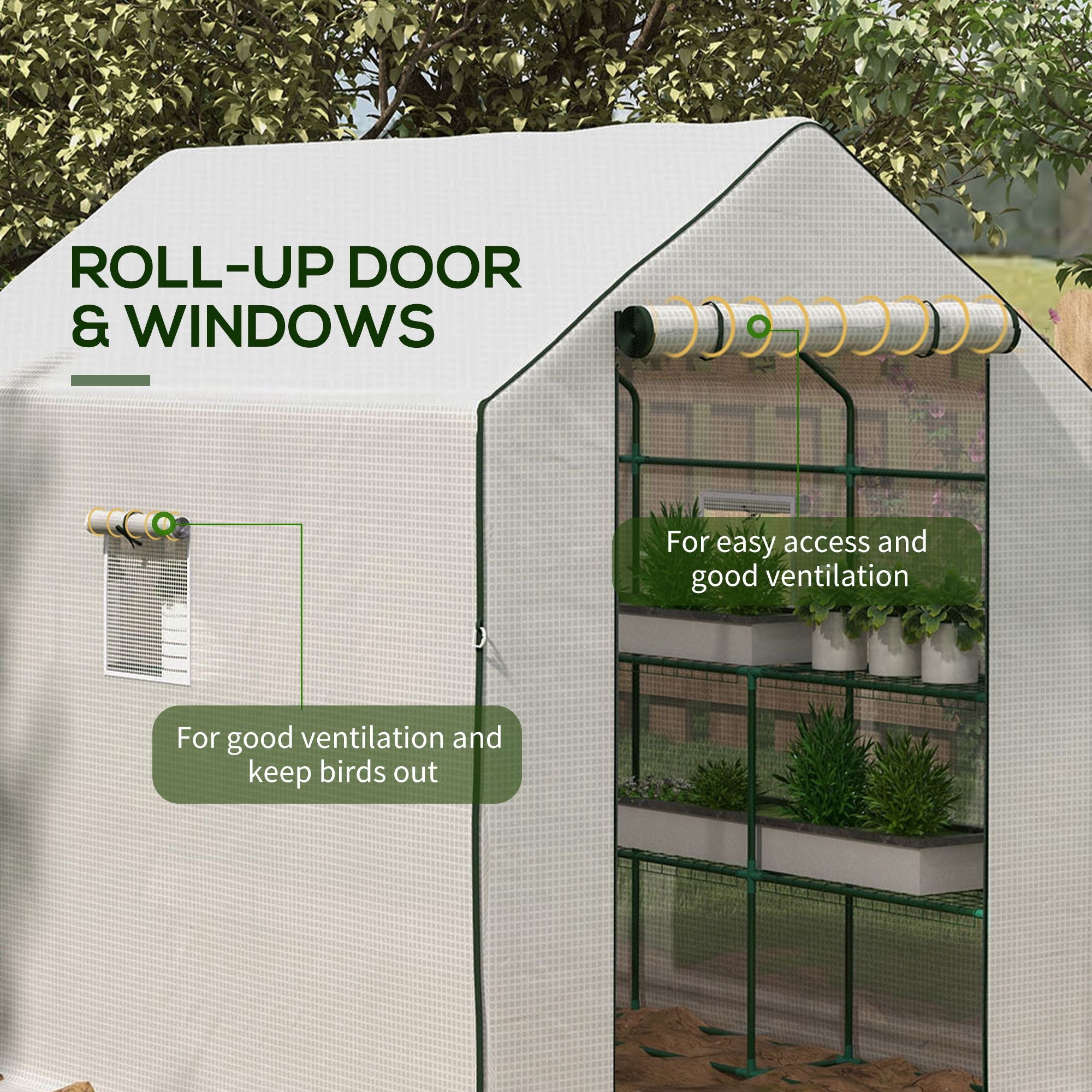 4.6' x 4.7' Portable Greenhouse, Water/UV Resistant Walk-In Small Outdoor Green House with 2 Tier U-Shaped Flower Rack Shelves, Roll Up Door & Windows, White - White - Image 6