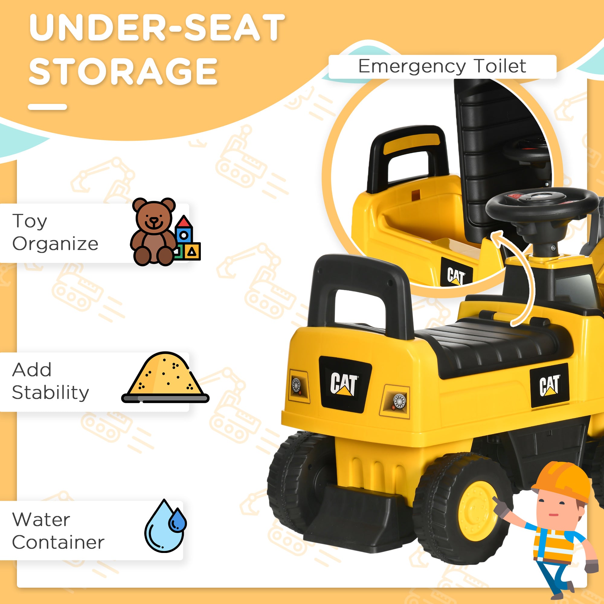 Caterpillar CAT Licensed Kids Ride on Excavator No Power Construction Vehicles with Manual Shovel, Horn, Hidden Storage