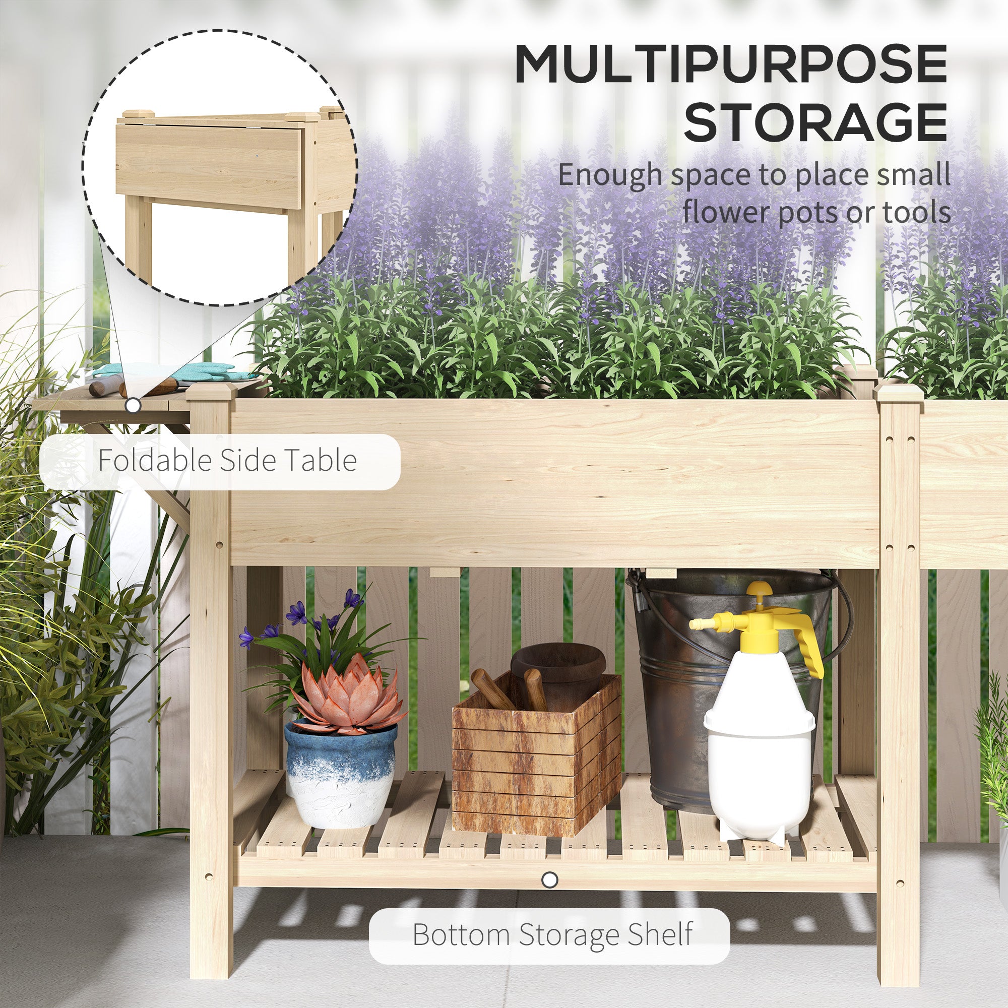 Wood Raised Garden Box, Elevated Garden Bed with Side Table, Bottom Shelf, Bed Liners and Drainage Holes, Natural - Natural Wood - Image 5