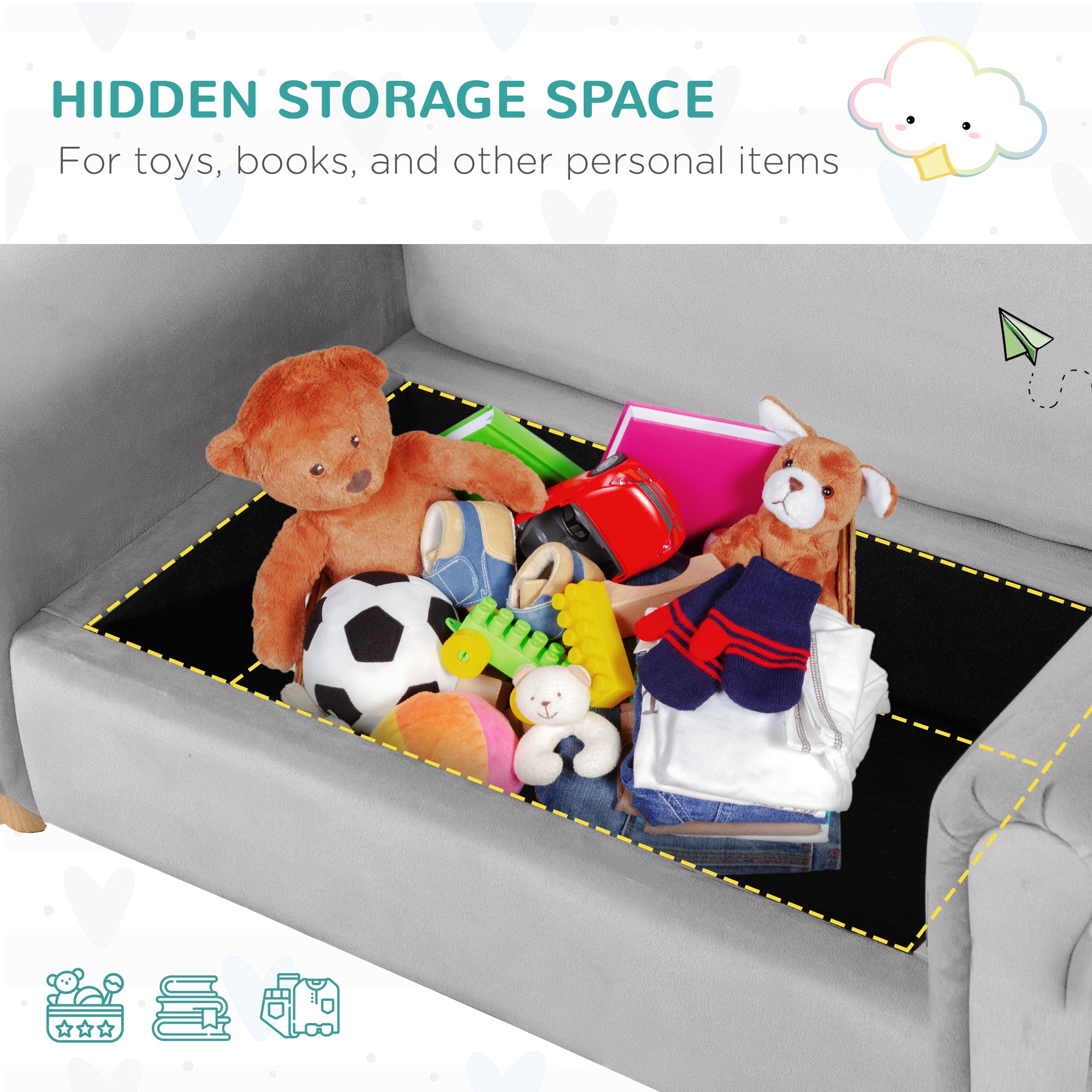 Ergonomic Foam Kids Sofa with Inner Toy Storage Chest, Velvet Kids Couch with Soft Arms, Children's Lounge Furniture, 33" x 16.25" x 19", Gray
