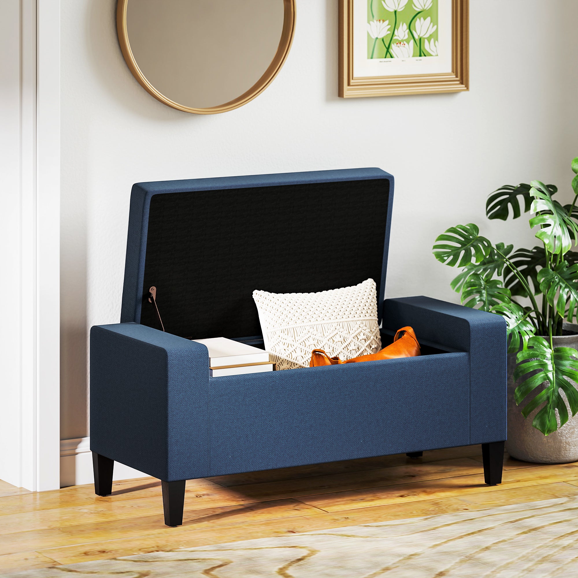 Upholstered Storage Ottoman Bench, Button Tufted Ottoman with Hidden Storage, Lift Top for Living Room, Dark Blue